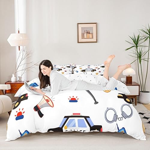 Miniatura 3 de Feelyou Funda de edredón de coche de policía, tamaño individual, funda de edredón de vehículo de policía, juego de ropa de cama blanca con patrón de