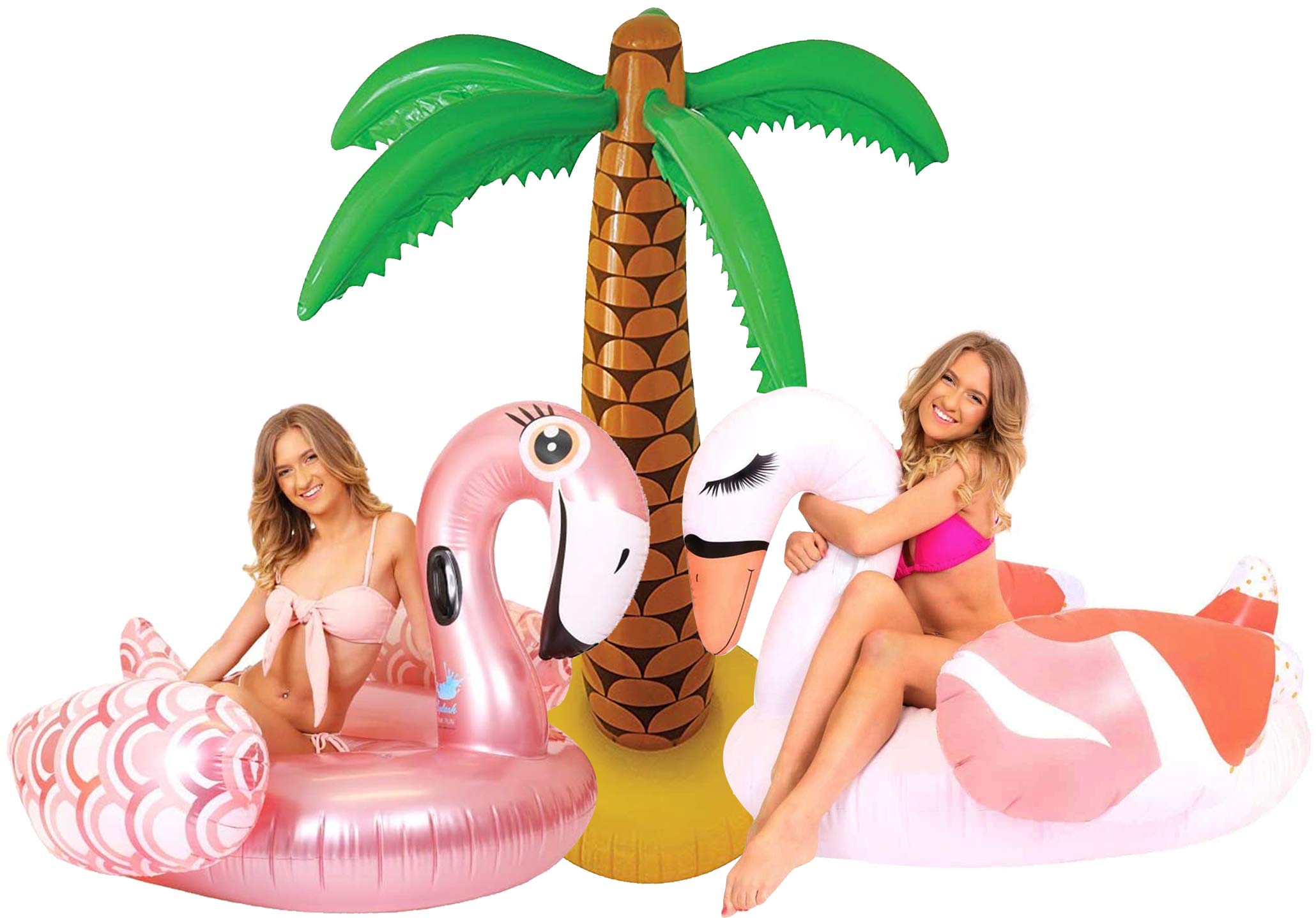 Giant Inflatable Flamingo Pool Float Lounger + Large Inflatable Tropical Palm Tree