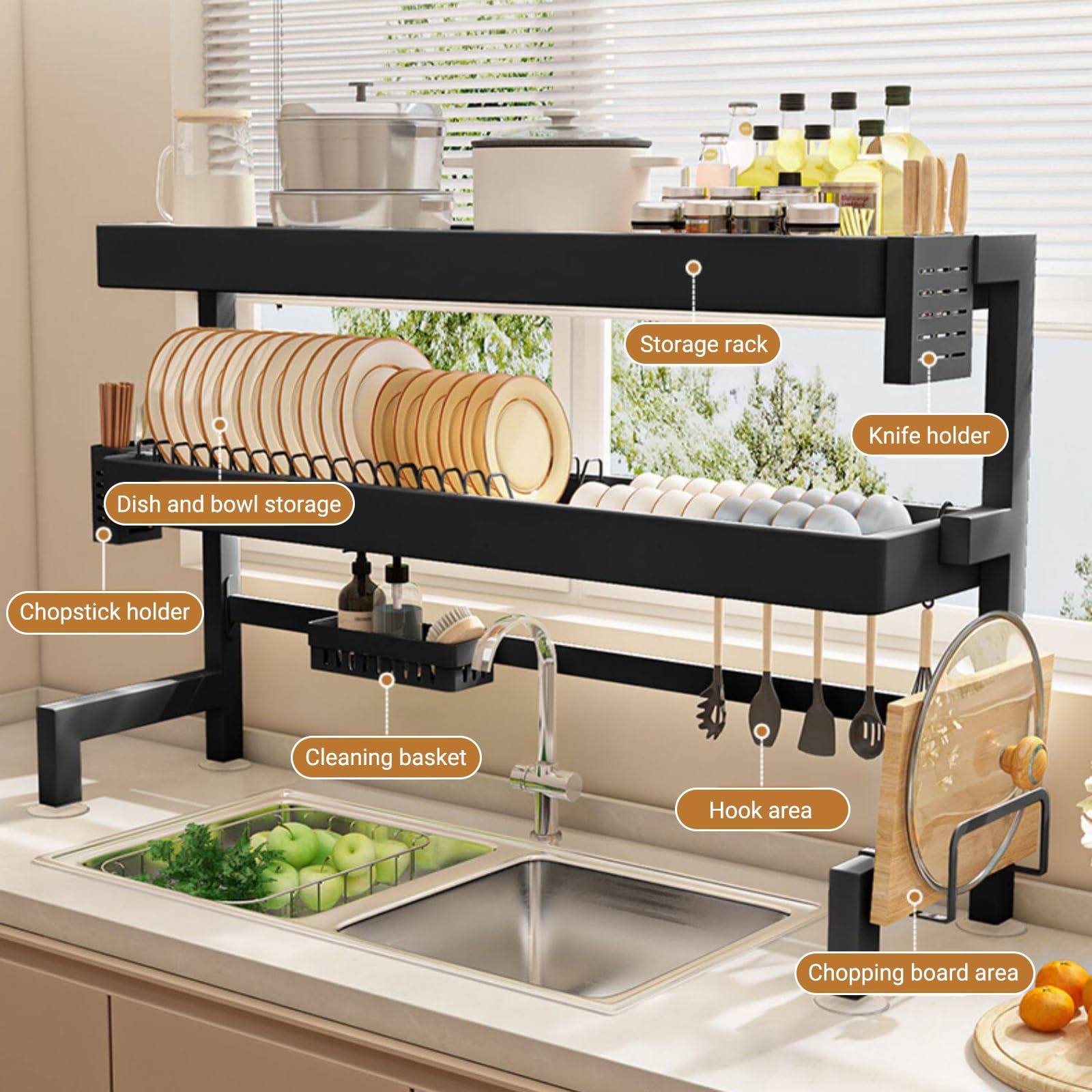 Escurridor de platos sobre fregadero, acero al carbono de 2 niveles con soporte extraíble para cubiertos, diseño que ahorra espacio para platos, vasos y cubiertos