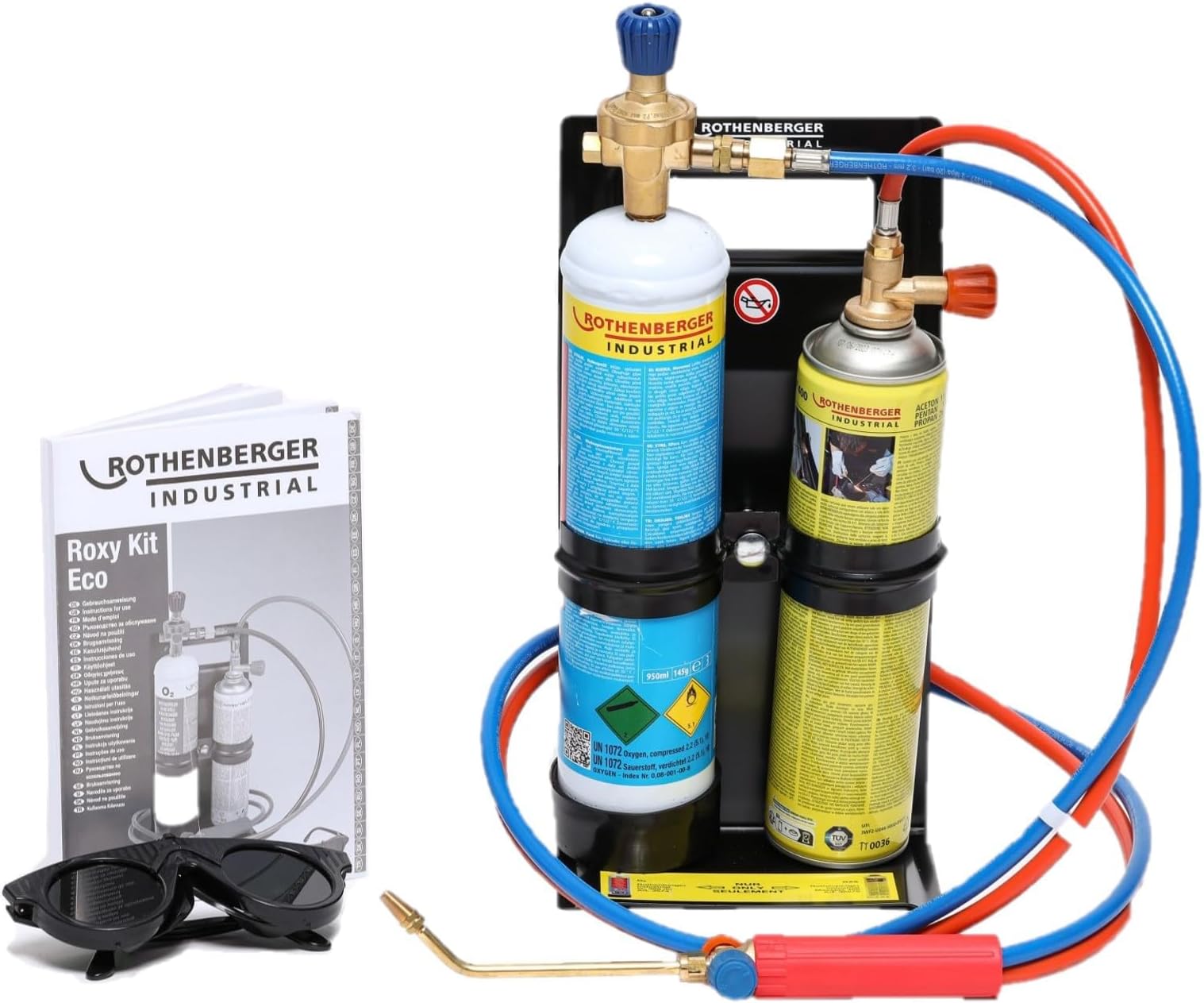 Rothenberger Industrial Roxy Kit Eco Auto Welding and Hard Soldering Device with Gas and Oxygen Container for Immediate Use 35748 Multi