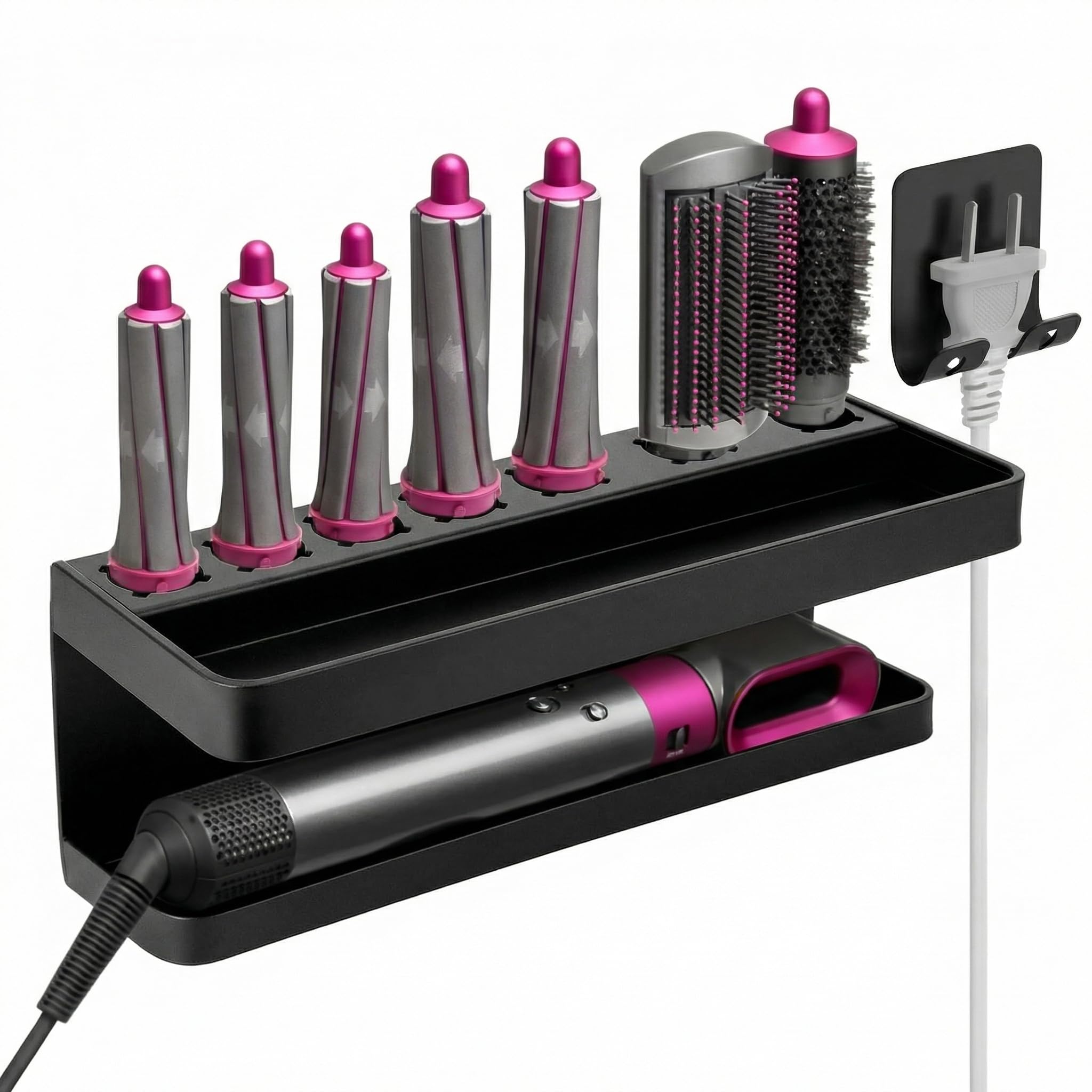QWORK® 7-Hole Hair Dryer Holder Organizer Compatible with Dyson Airwrap Curling Iron Accessories, Wall Mount Bathroom Organizer Rack with Plug Hook