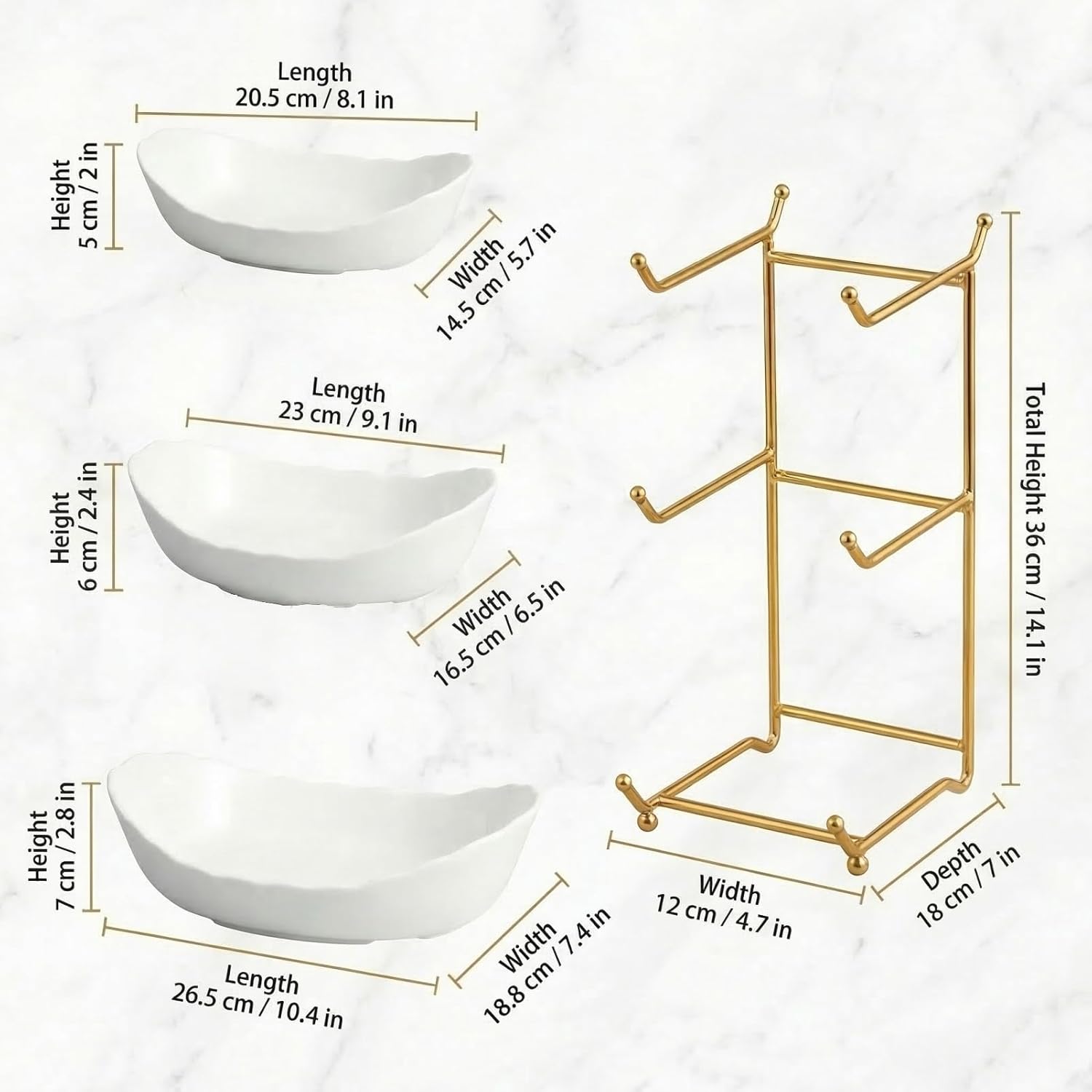 3 Tier Ceramic Fruit Bowl with Gold Metal Stand, Kitchen Counter Organizer and Fruit Basket for Countertop, Snack, Dessert, Modern Cute Kitchen Accessories (Gold)