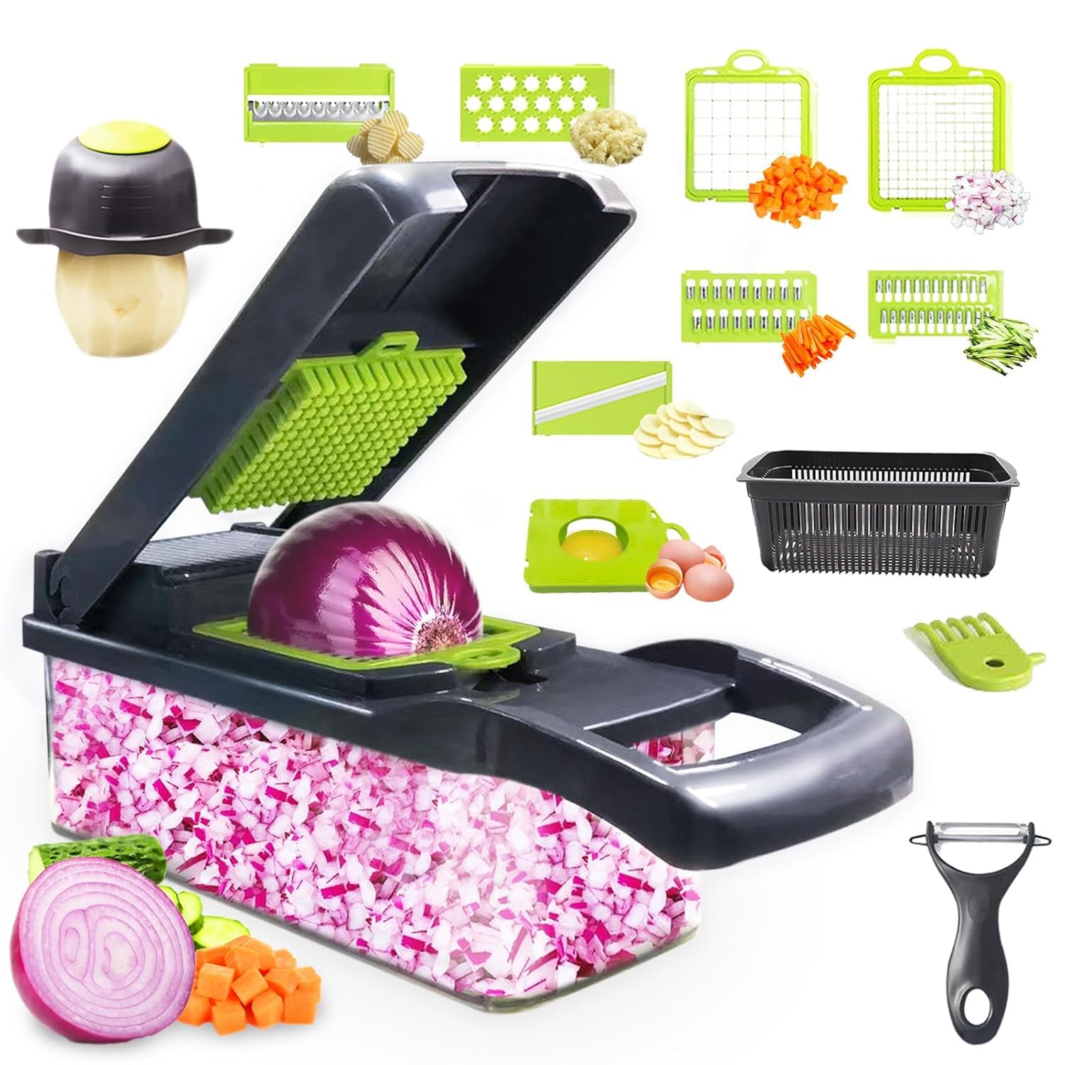 14 in 1 Vegetable Chopper with Storage Container, Multifunction Manual Food Chopper & Vegetable Cutter with 8 Interchangeable Stainless Steel Blades, Onion Chopper, Slicer & Kitchen Tool-image-2