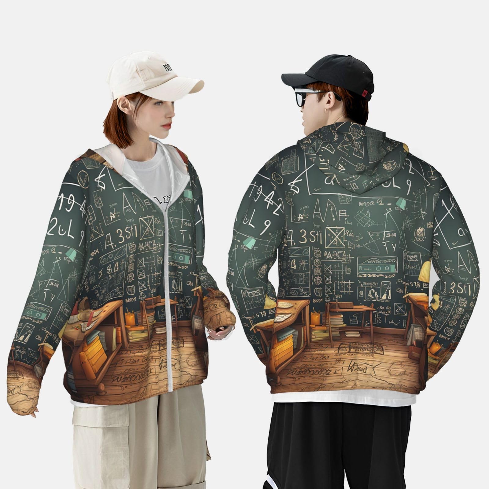 NONHAI Men's Sun Protection Jacket UPF 50+ Full Zipper Long Sleeve UV Hoodie Shirt School Math Women's Outdoor Jacket Black