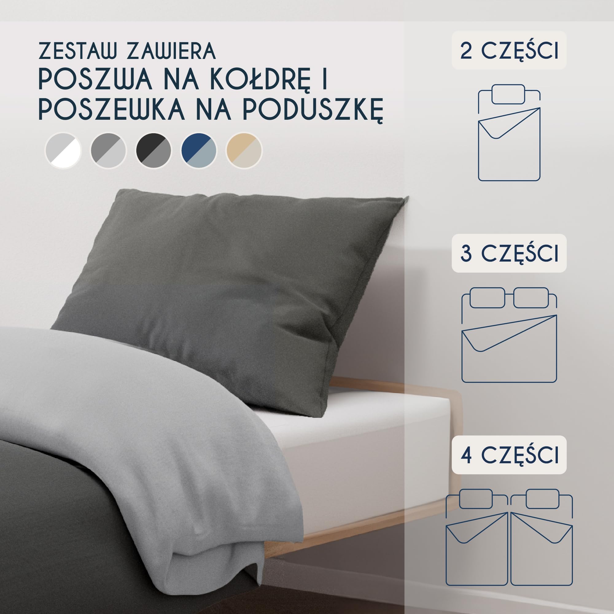 Dreamzie - Poszewka na kołdrę 140x200 cm z 1 poszewką na poduszkę 65x65 cm - Ciemnoszary/Jasnoszary - Zestaw pościeli 140x200 ze 100% mikrofibry - 2 sztuki - Oeko TEX