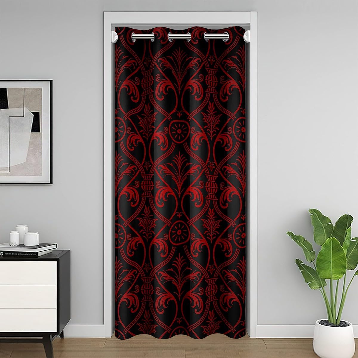 Erosebridal Red Black Ombre Gothic Blackout Curtain for Boys, Vintage Goth Floral Damask Door Curtain Antique Victorian Baroque Doorway Curtain Bohemian Exotic Door Drape, 1 Panel, 42" W X 80" L