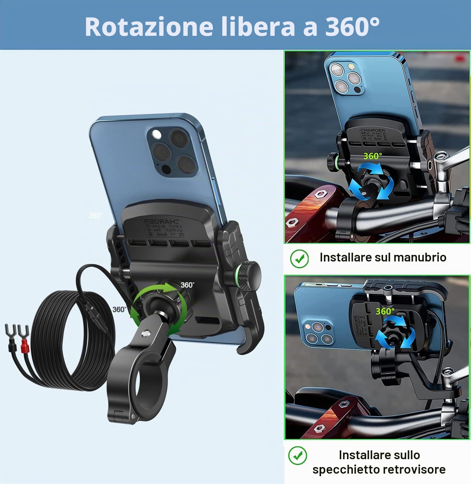 iMESTOU Caricabatterie per Telefoni USB da Moto 3.0A, Manubrio/Supporto per Cellulare Nello Specchietto Retrovisore in Alluminio per Smartphone da 4.0-6.8 Pollici, Funziona con Moto da 12V/24V