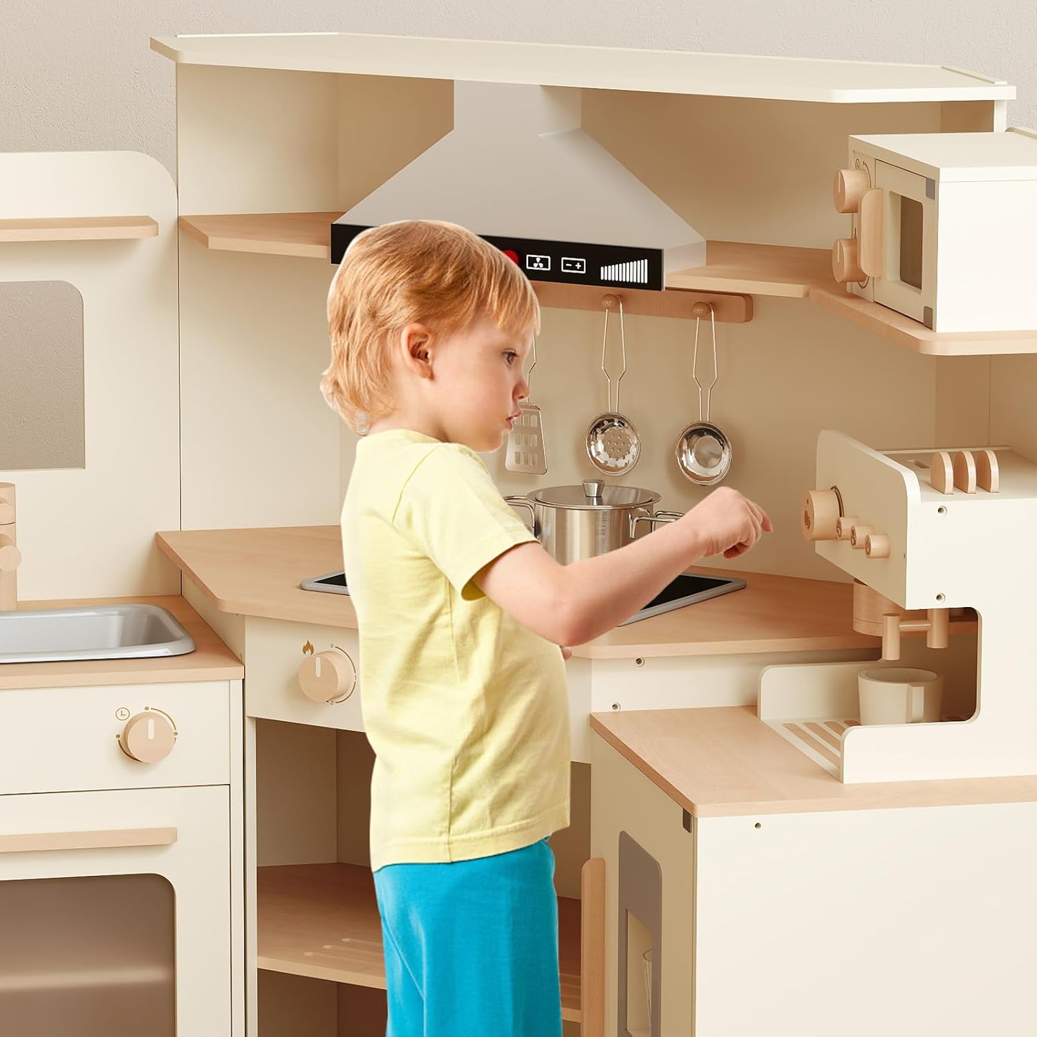 Asweets Play Kitchen for Kids, Wooden Kitchen Playset for Toddlers with Range Hood, Coffee Maker, Oven, Ice Maker, Kids Pretend Kitchen Gift for Boys Girls, 55.9''L x 11.8''W x 35''H Light Brown 55.9''L x 11.8''W x 35.0''H image 9 of 9 B0DBGTNSS6