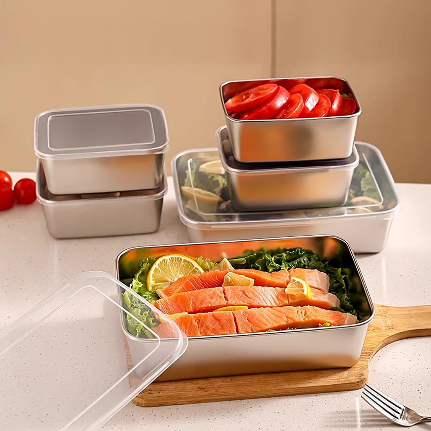 6 Contenitori Per Alimenti in Acciaio Inossidabile con Coperchio, Set Scatole Meal Prep Ermetiche e Impilabili, Ideali per Forno, Microonde e Congelatore, Conservazione Freschezza (13,5*10,5*5 cm)