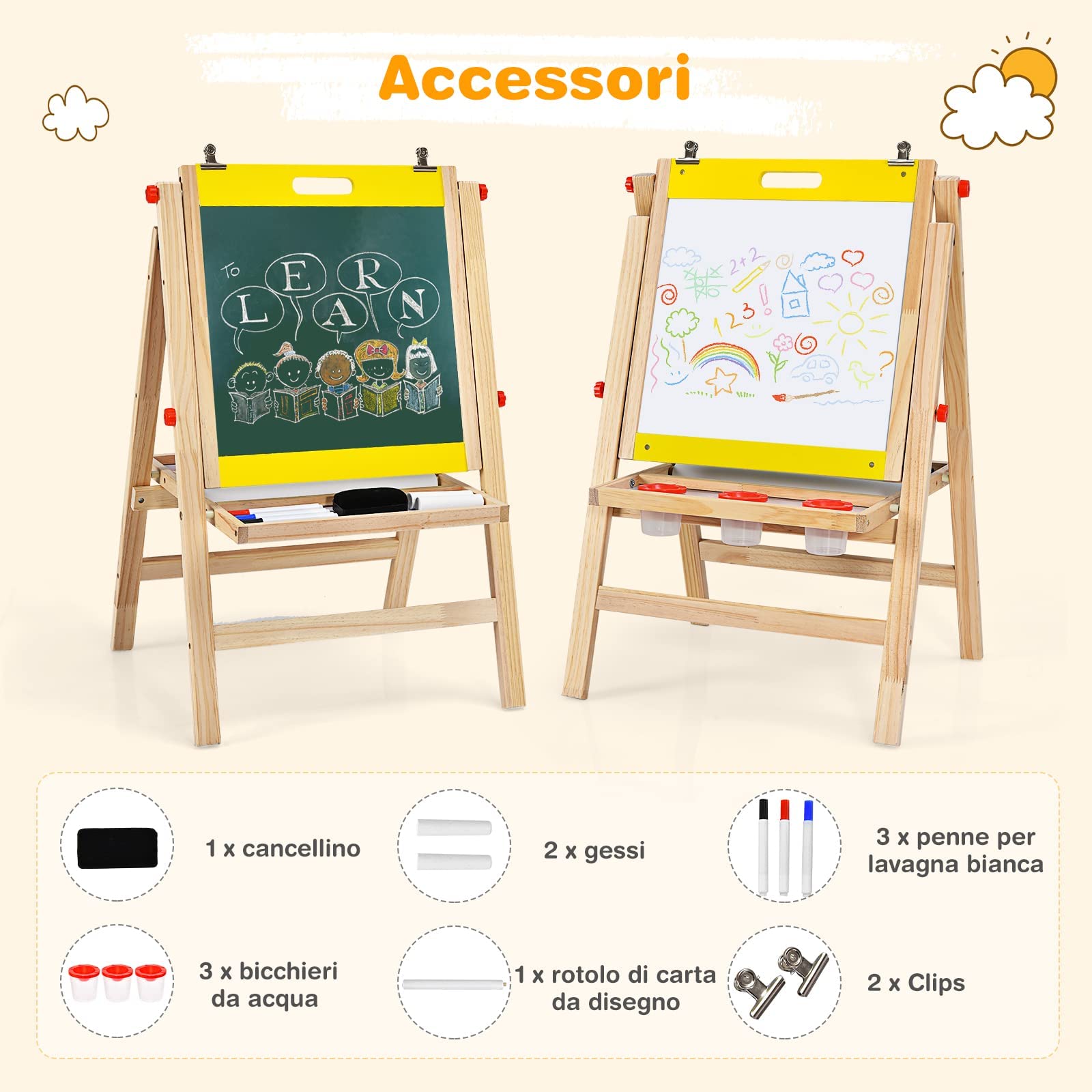 RELAX4LIFE Cavalletto Pittura per Bambini, Lavagna a Doppio Lato in Legno, Altezza Regolabile in 5 Posizioni, con Gessetto, Penne/Gomma per Lavagna e Rotolo di Carta, 50,5x53,5x79-104 cm (Giallo)