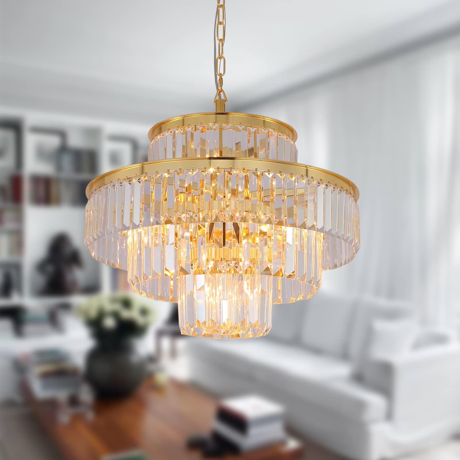 GMlixin Modern Crystal Chandelier Light Pendant Ceiling Lamp 4-Tier Chandeliers Lighting Fixture for Dining Living Room Foyer Hallway 6-Lights Gold (Dia 20 Inch) : Everything Else