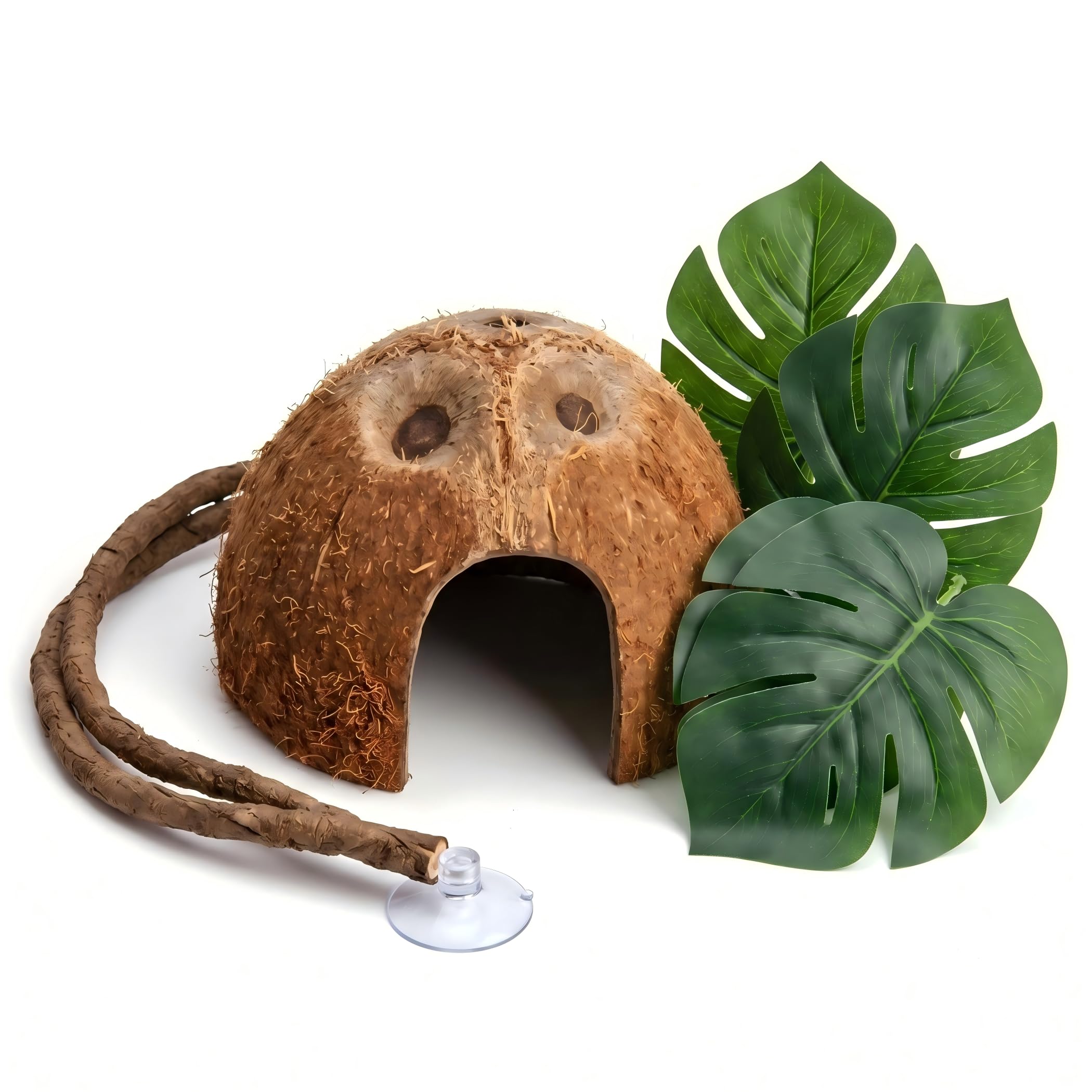 Meyunfeng Reptile Coconut Hideout with Flexible Jungle Vine and Artificial Monstera Plant, Natural Terrarium Decoration Set with Suction Cups for Crested Gecko, Lizard, Snake, Frog