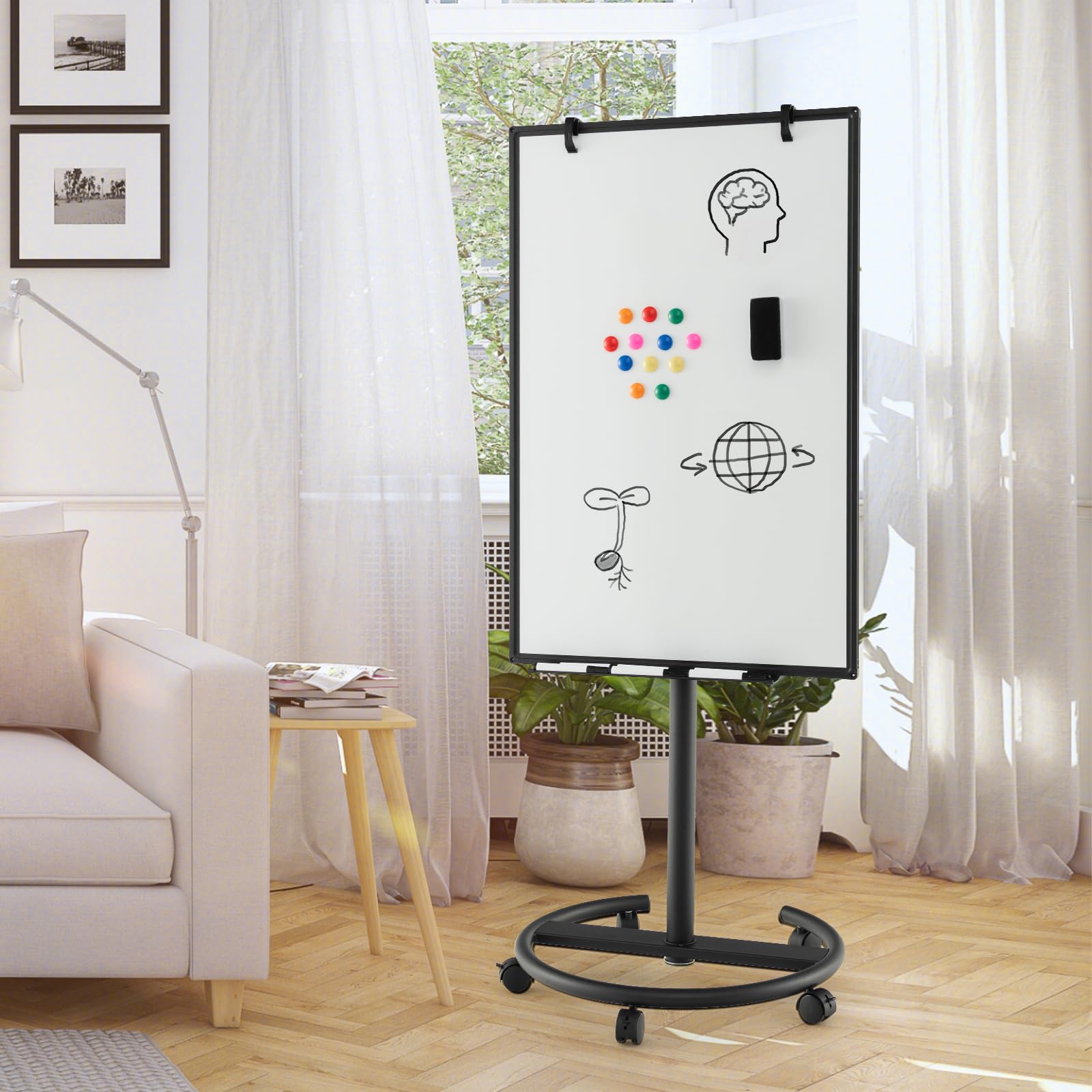 GOPLUS Flipchart Ständer, 100 x 65cm mobiles Whiteboard auf Rollen, Trocken asbwischbar, Flipcharts Whiteboard höhenverstellbar mit Rundfuß, Haken, Marker, Magneten, Papier, Radiergummi (Schwarz)