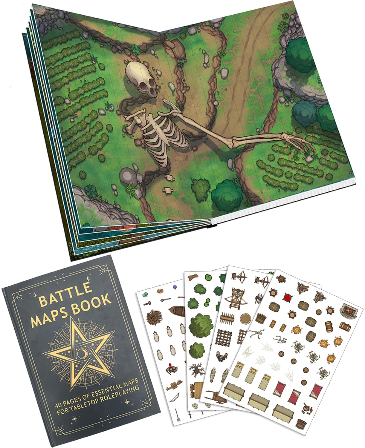 DND Battle Map Book – 39 tappetini riutilizzabili cancellabili a secco/bagnato con oltre 200 decalcomanie paesaggistiche, griglia da 2,5 cm e rilegatura piatta – Kit portatile RPG terreno per campagne