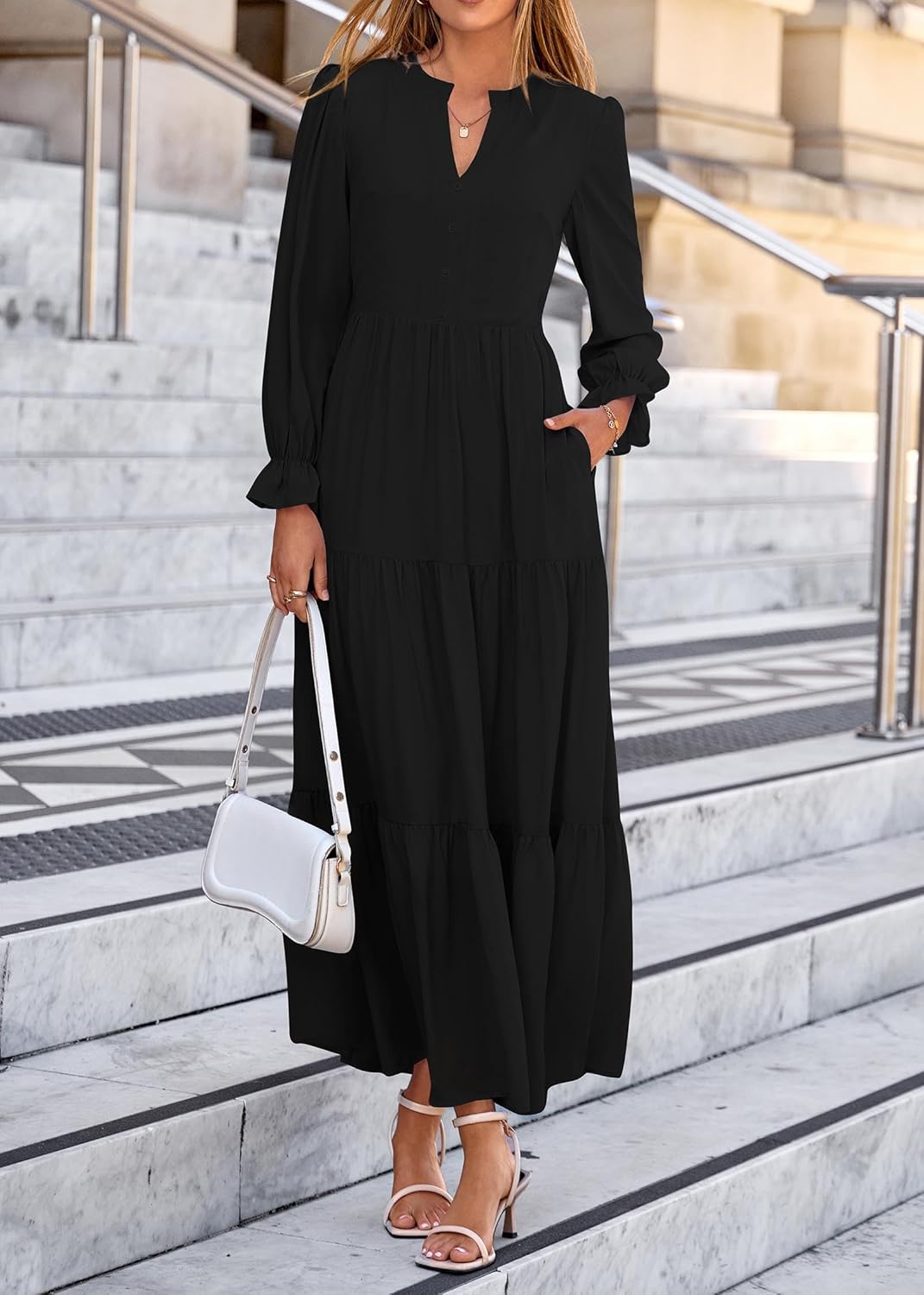 Lazysmile Dresses for Women 2025 Fall Long Sleeve V Neck Button Down A-Line Flowy Casual Boho Maxi Dress with Pockets - Image 8