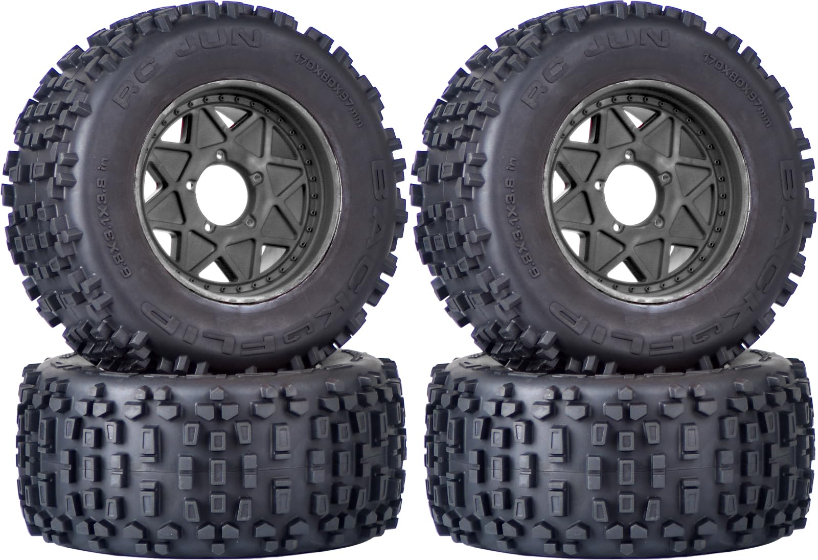 3.8" MT Monster Truck Tires with Foam Insert - 17mm/14mm/12mm Hex Adapters Included, Compatible with TRAXXAS Sledge, ARRMA KRATON, Outcast, Tamiya, HSP (Set of 4), Replacement Part of AR510092