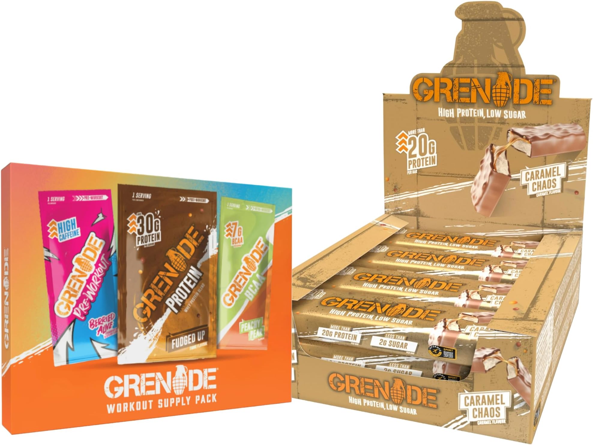 Grenade High Protein, Low Sugar Bar - Caramel Chaos, 12 x 60 g & Grenade Workout Sample Bundle, Single Serving per Supplement Powder