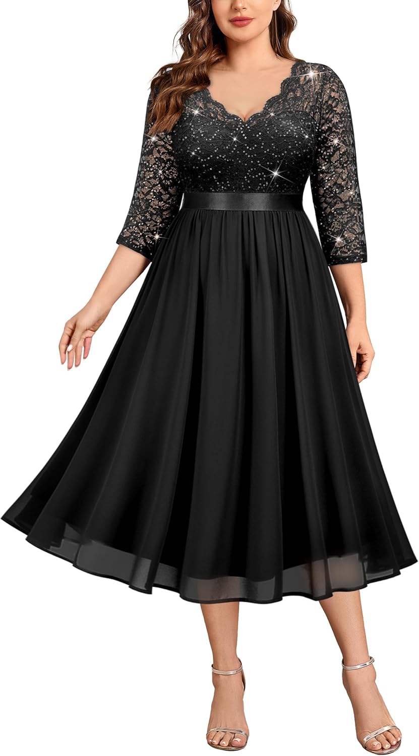 MISSMAY Women's Plus Size Sequins Lace Sleeves V-Neck Midi A-Line Cocktail Dresses