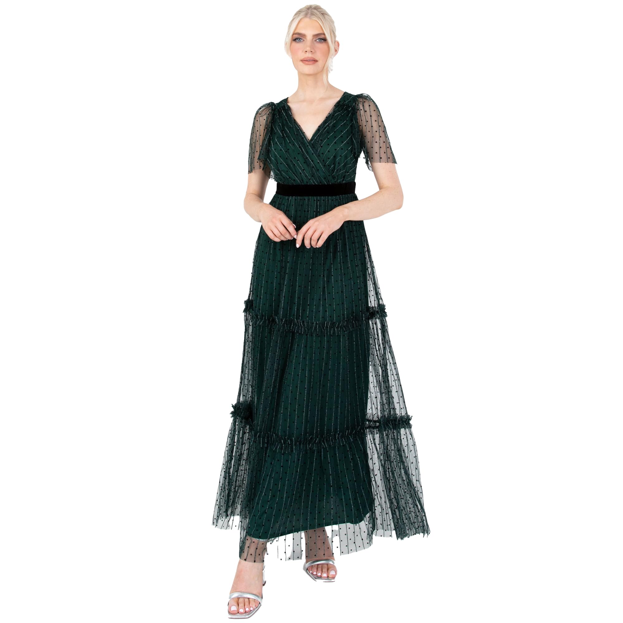 Lovedrobe Women's Luxe Polka Dot & Stripe Tiered Maxi Dress - Emerald - 12 (M)