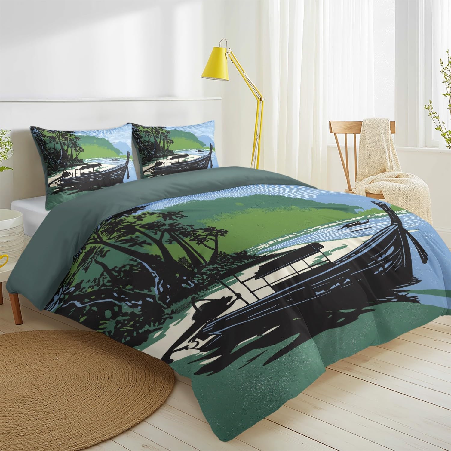 Niebieski komplet pościeli 200 x 220 cm, w stylu retro, na urlop, plażę, wzgórza, drewniana łódź, poszwa na kołdrę z poszewkami na poduszki, do mieszkania, pokoju dla dorosłych, komplet pościeli z
