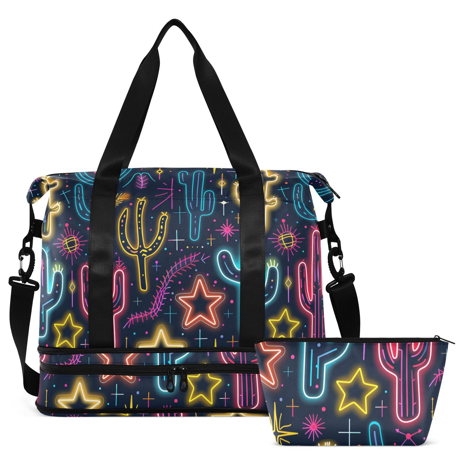 Sac de voyage surdimensionné avec poche humide et sangle réglable pour randonnée, imperméable, motif cactus fluo brillant