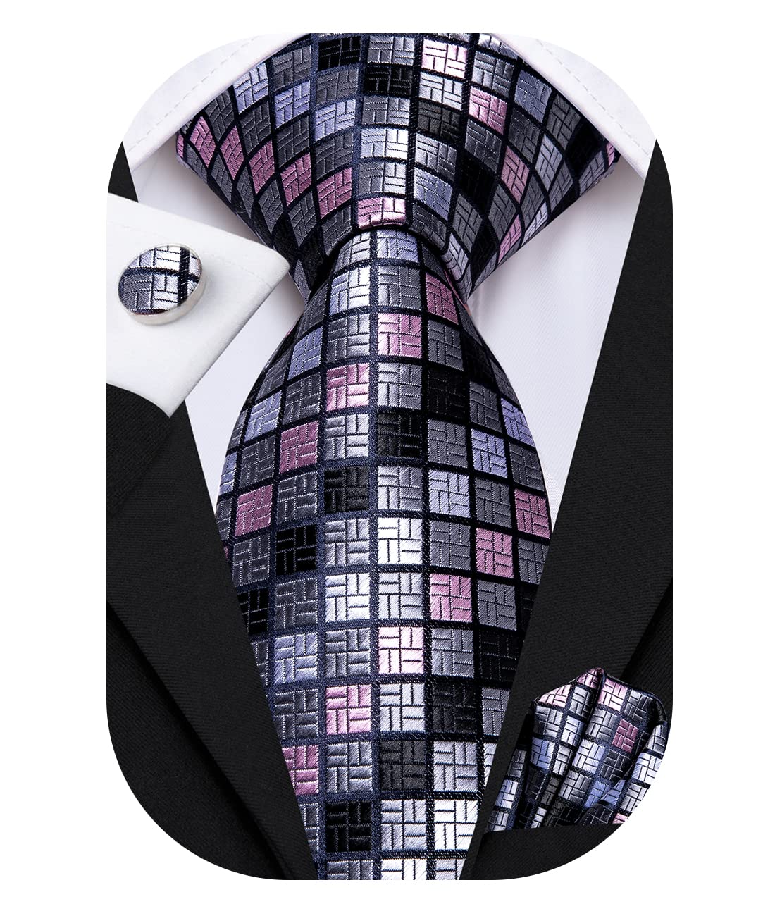 Hi-Tie Herenstropdas Set Zijden Stropdas met Pochette Manchetknopen Set