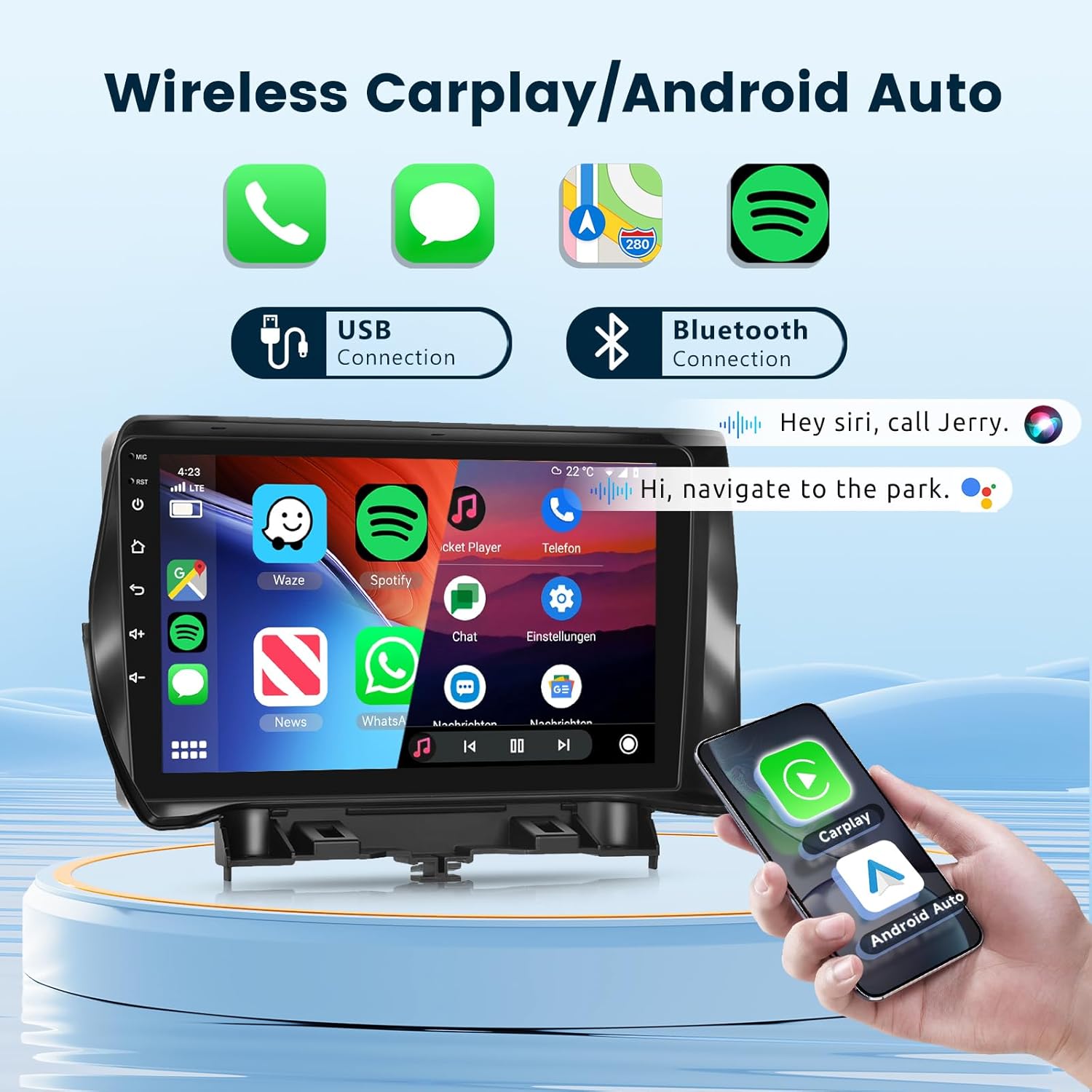 Before and after installation comparison of the car stereo in a Ford Kuga Escape dashboard.