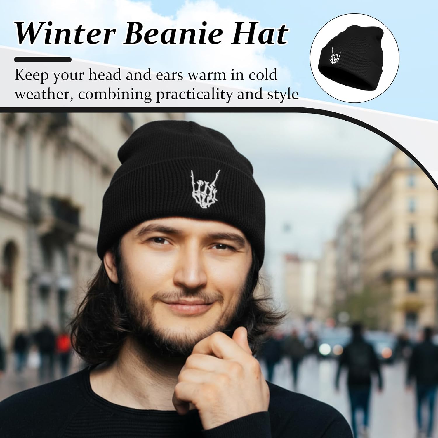 Mepase 6 Pcs Black Fashion Cool Embroidered Knit Hat Men Women Knitted Hip Hop Beanie Hats Autumn Winter Warm Beanie Skull Goth Cap for Party, One Size - Image 4