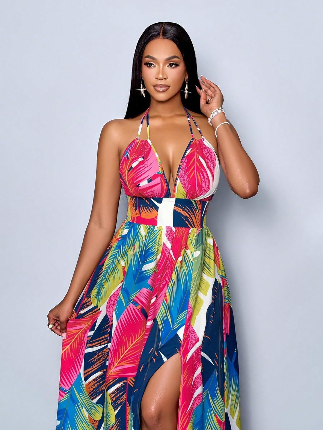 SKAYS Womens Summer Halter V Neck Sleeveless Flowy Casual Boho Backless Elegant Long Maxi Dress