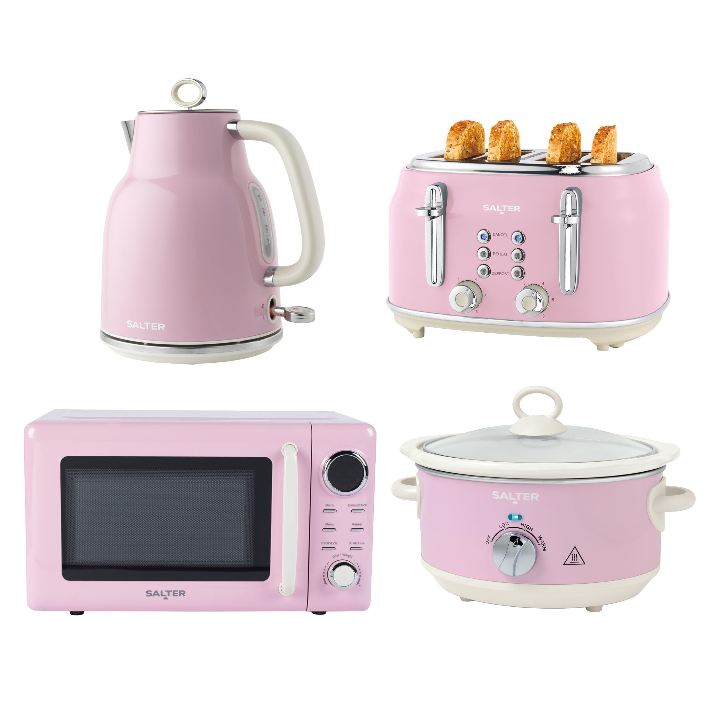 Salter Retro Pink Kitchen Set – 1.7L 3kW Kettle, 4-Slice Toaster with 6 Browning Levels, 20L Digital Microwave Oven with 25.5 cm Glass Turntable, Slow Cooker with 3 Heat Settings & Tempered Glass Lid