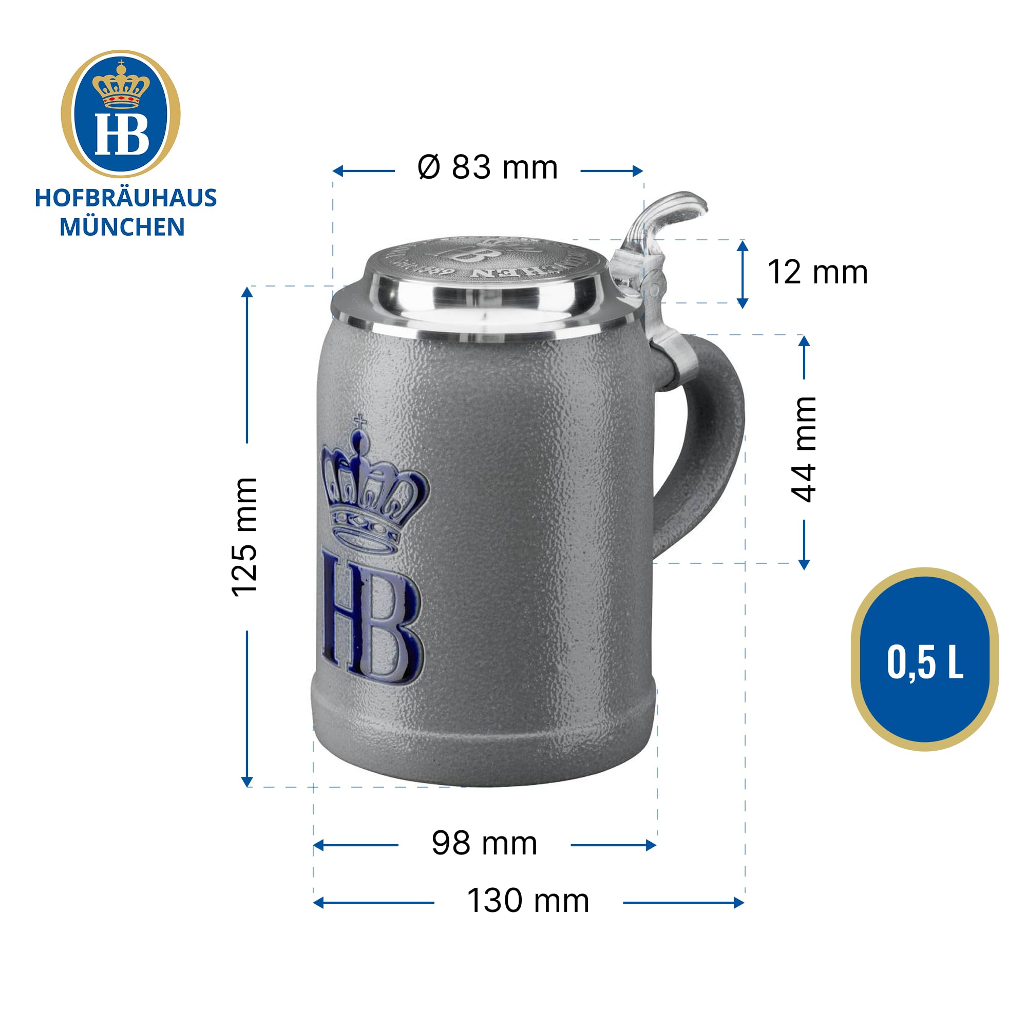 Hofbräuhaus München Stein Bierkrug 0,5 L Original Salzglasur mit Zinndeckel | Maßkrug | Bierglas mit HB Logo, Krug, Geschenkidee für Herren und Damen (mit Zinndeckel, 0,5 Liter (1 Stück))