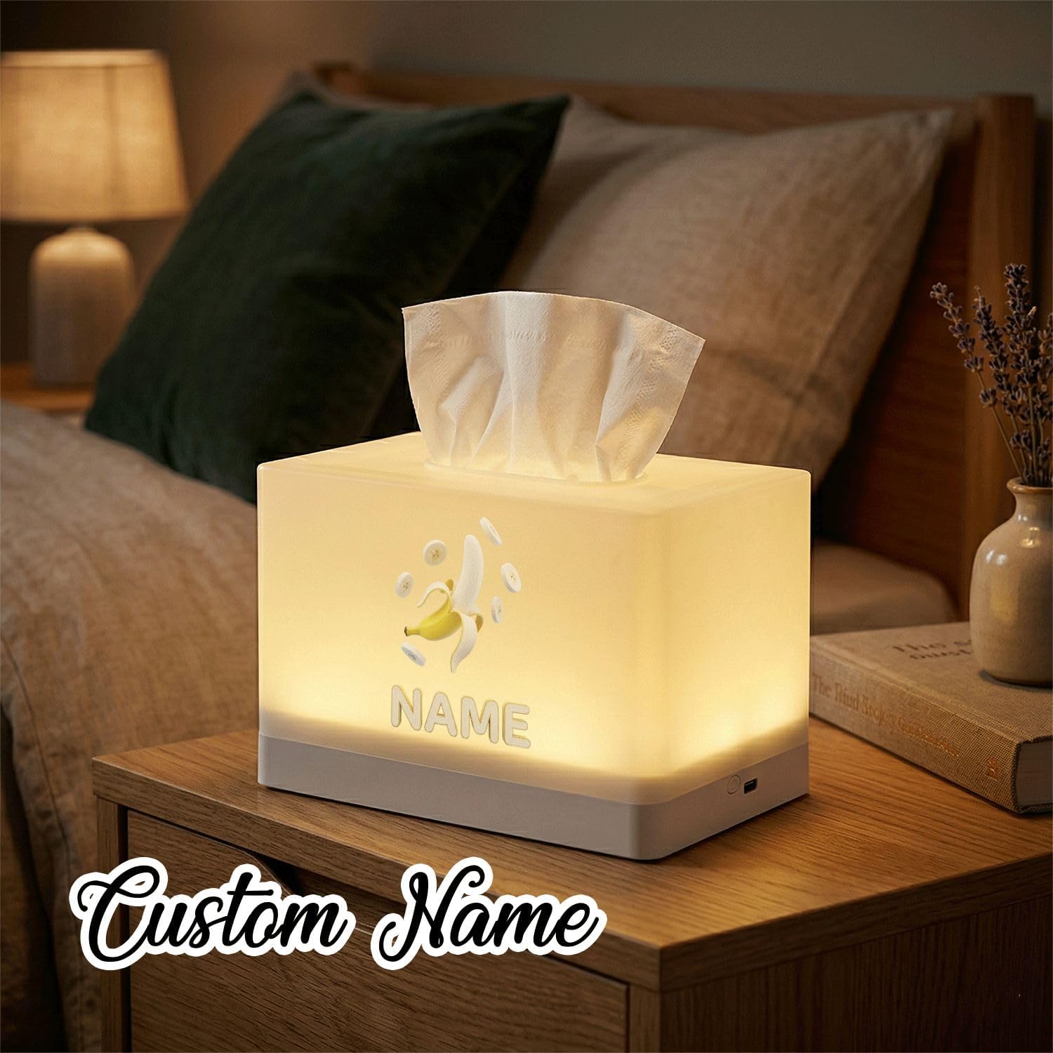 Personalized Tissue Box Cover with Integrated LED Night Light, Custom Name Banana Design, USB-C Rechargeable for Kids Room image 4