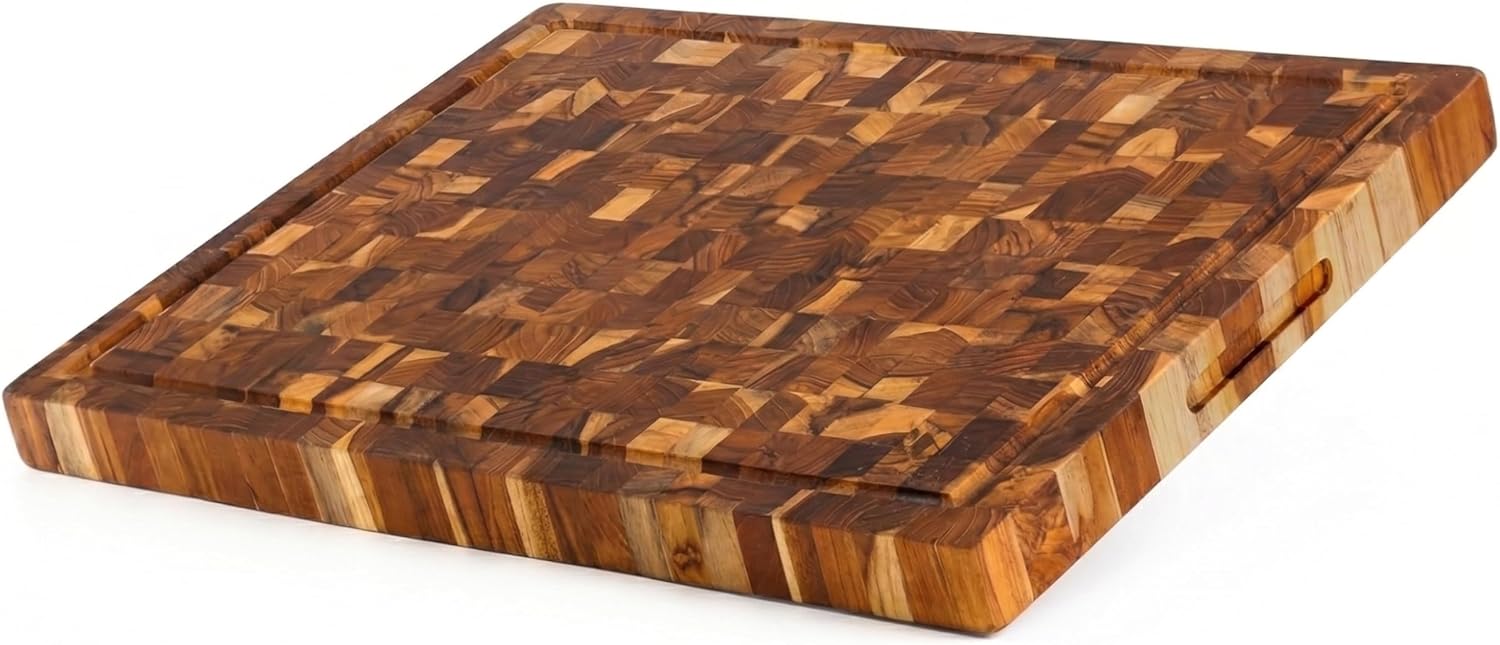 2-PACK Small & Medium Set Compact Natural Teak Wood Cutting Boards with Juice Groove – Durable End Grain Butcher Block, Knife-Friendly, FSC, Chopping Board for Charcuterie Kitchen BBQ Gifts