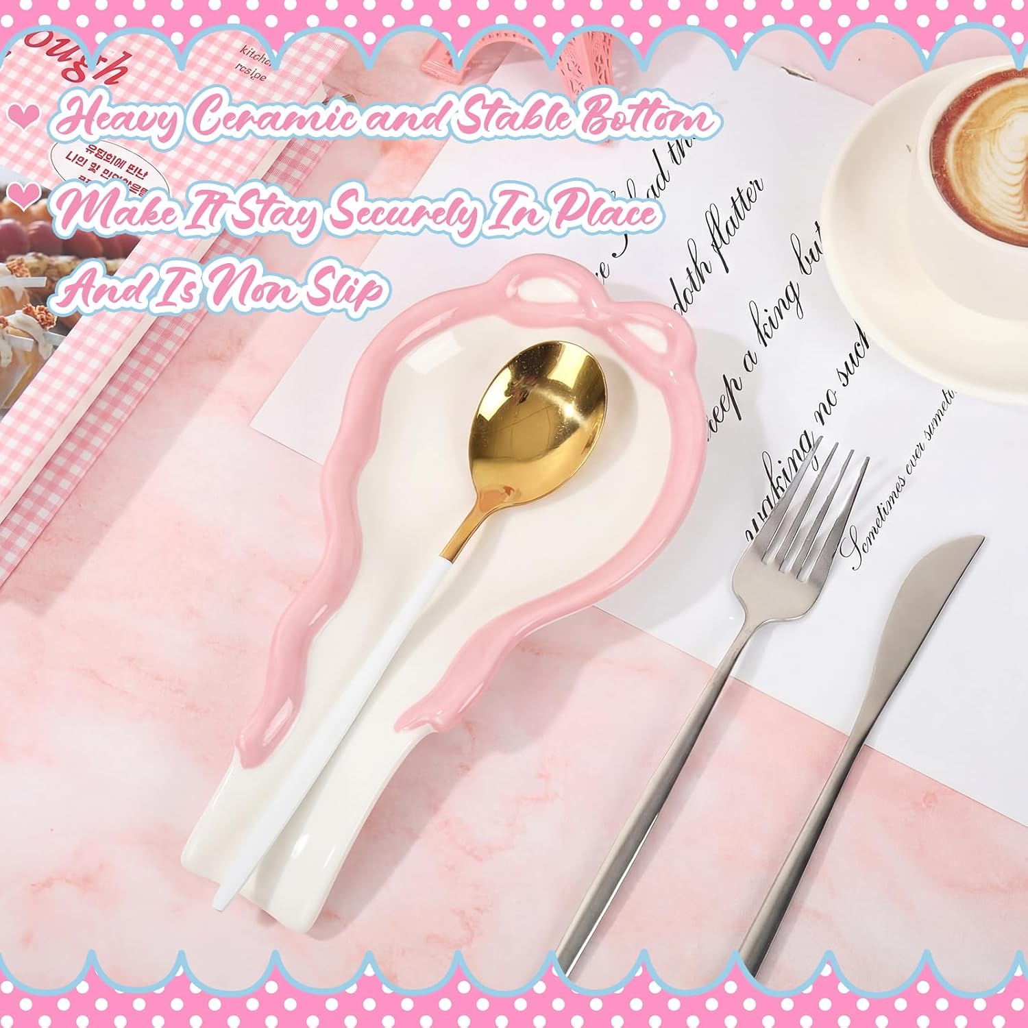 Lemonroad Pink Bow Spoon Rest, Large Ceramic Spoon Holder for Stove Top