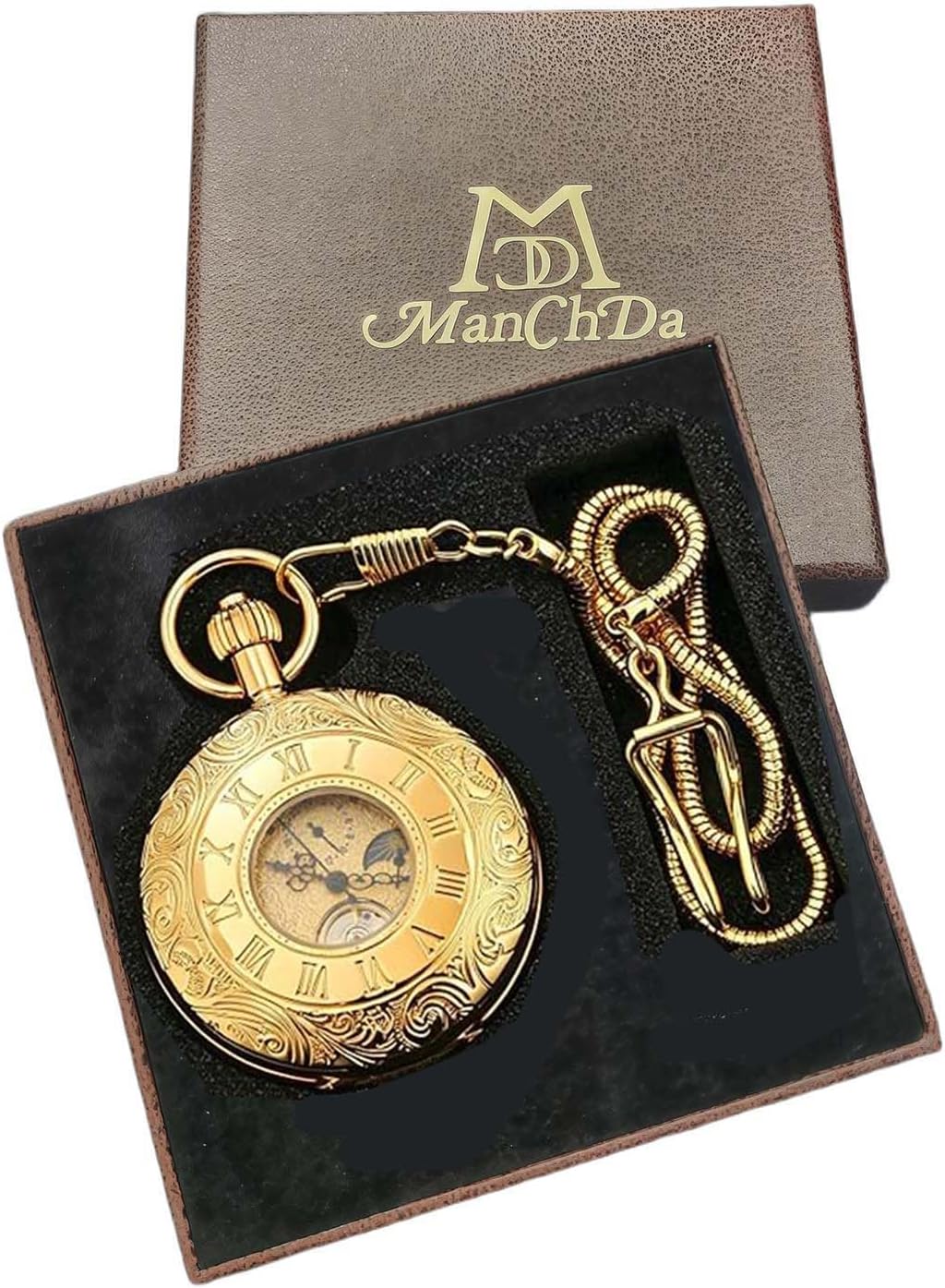 ManChDa Pocket Watch with Chain, Vintage Full Copper, Sub-dials, Men's Mechanical Hand-Wind Second & 24hours Pocket Watches for Men with Box