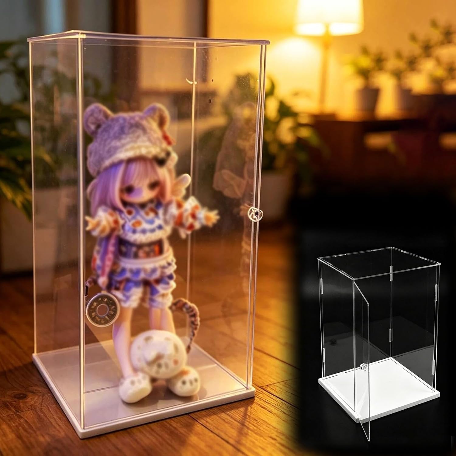 Transparent Acrylic Display Case for Tall Dolls, Waterproof Organizer Boxes with Crystal-like Handle, Rectangle Storage Containers Dustproof(25x30xH35cm/10x12x14in)