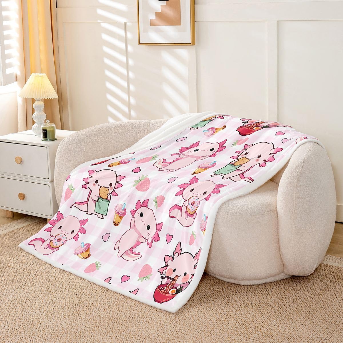 Feelyou Axolotl Fleece Throw Blanket Cartoon Salamander Sherpa Blanket for Kids Women Men Plush Fuzzy Kawaii Ocean Sealife Twin 60"x80" Strawberry for Bed Couch Chair Living Room Cute Bedroom Decor