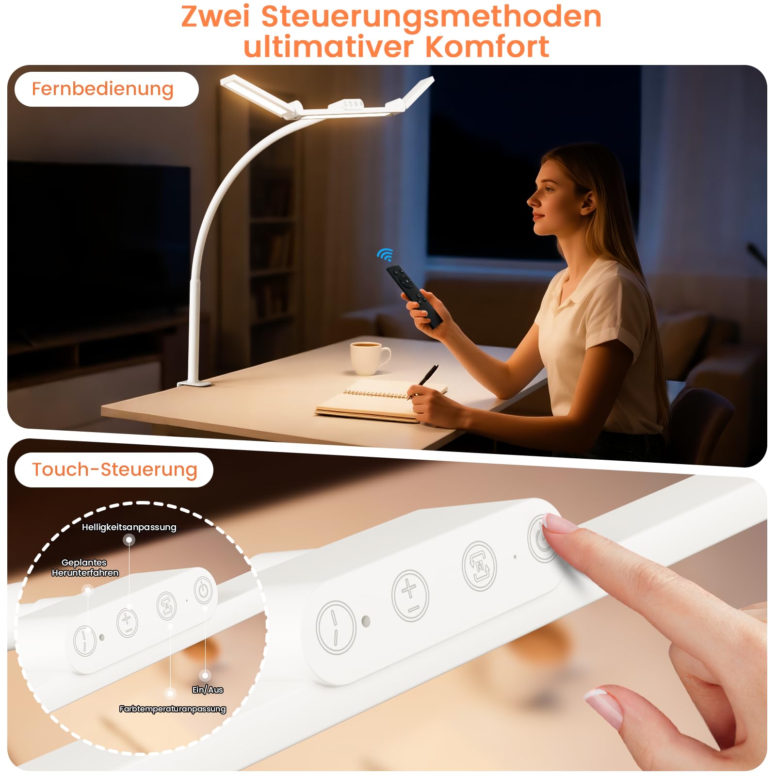 TYEE Schreibtischlampe LED Dimmbar, 24W 3-Lichtbalken LED Schreibtischlampe für Homeoffice, 1500LM Augenschutz Tageslichtlampe mit Fernbedienungen, 5 Farb 5 Helligkeit Büro Tischlampe (Weiß)