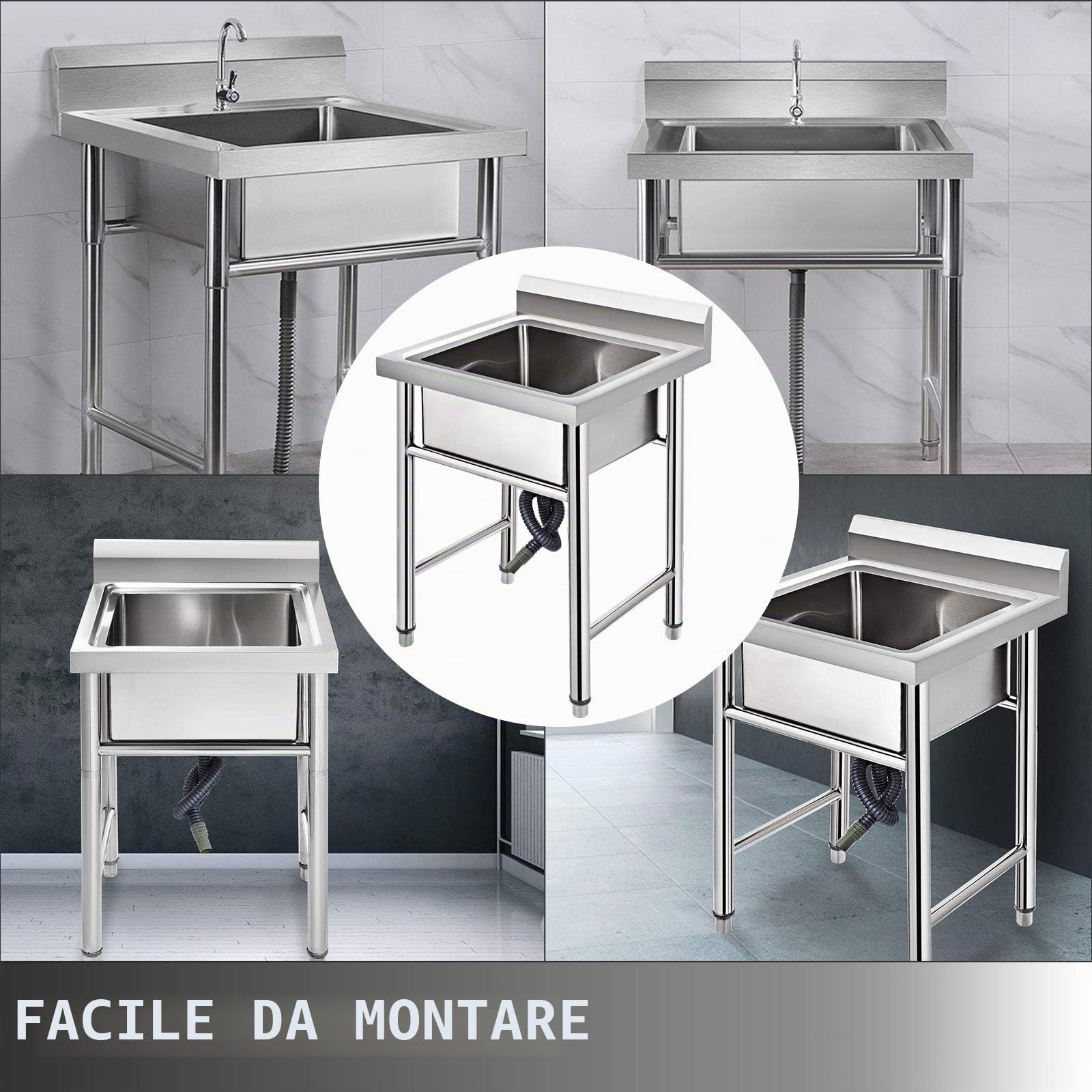 VEVOR Lavello da cucina fatto a mano in acciaio inox 1 vano 17,5 x 10 x 16,5 pollici Lavello sottobar Agriturismo Cafe Shop Ospedale