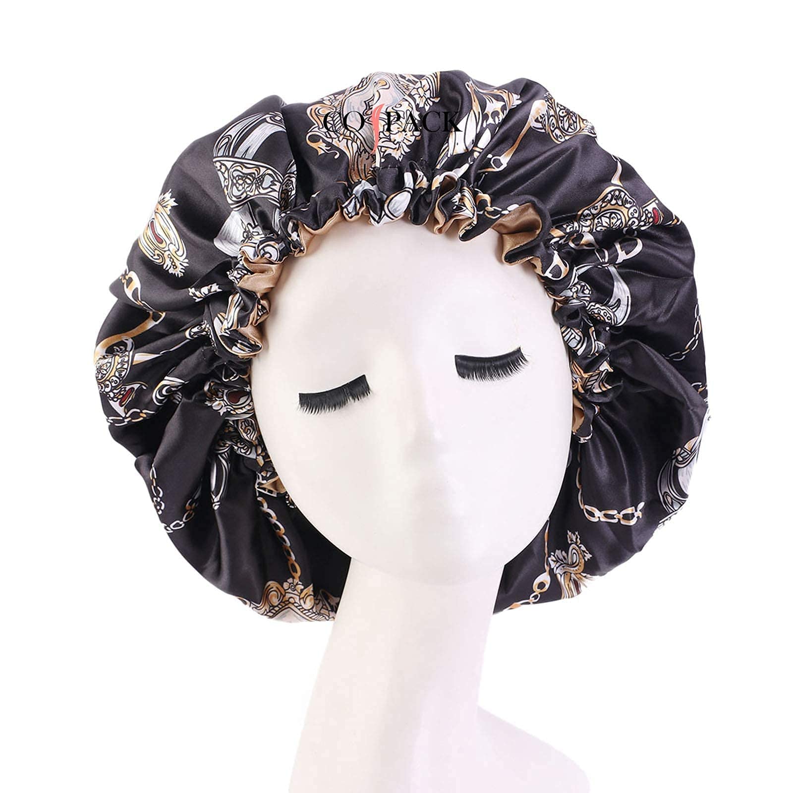 Cospack Women's Black Satin Bonnet For Natural Hair - Silk Sleep Cap For Curly Hair - Double Layers Reversible (Black)