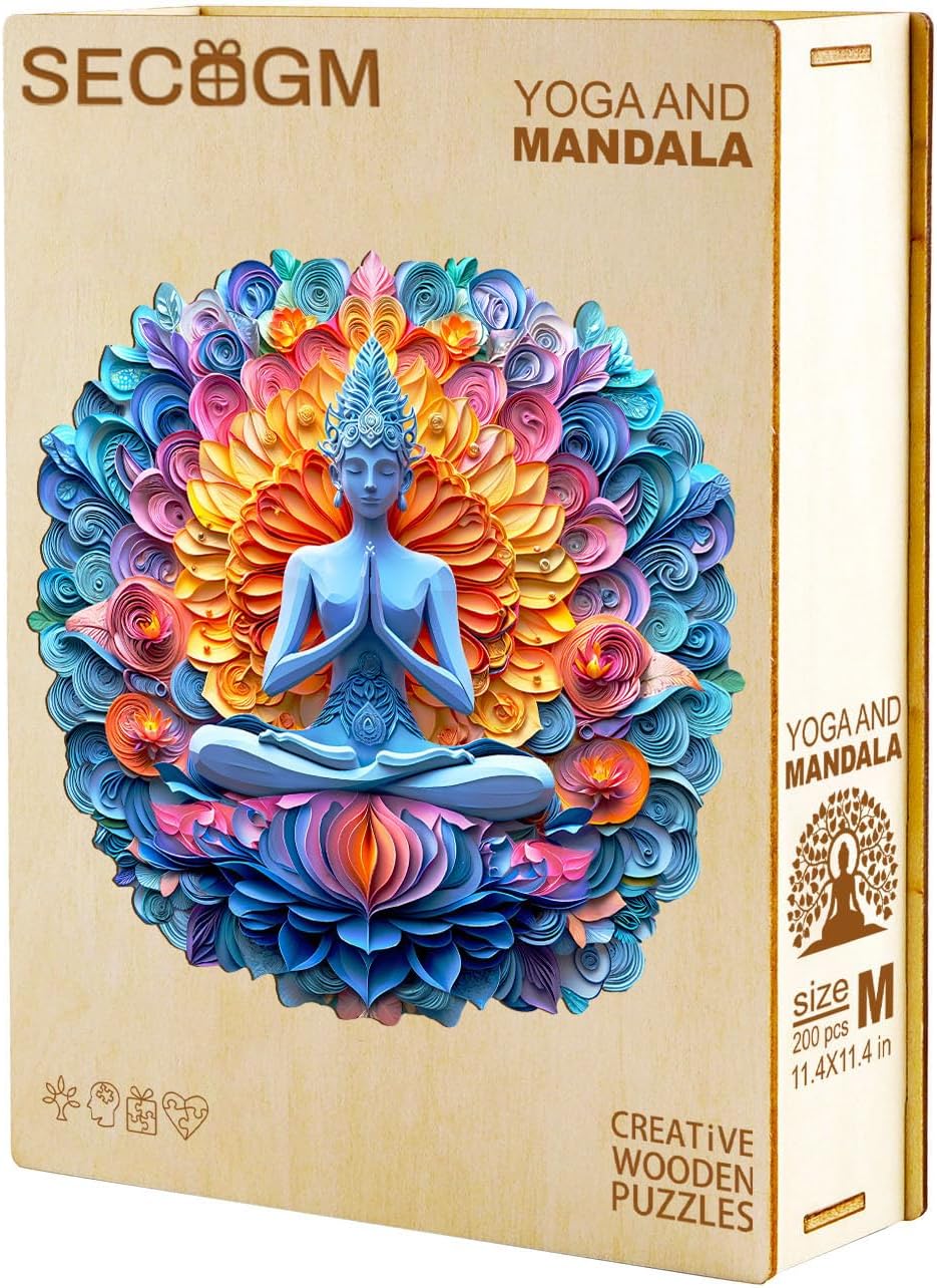 Wood Puzzles Adults - Mandala Yoga Wooden Jigsaw Puzzles - Unique Shape Wooden Puzzles for Adults - Spring Gifts Wood Puzzles Lovers, Family (11.4 * 11.4in-200 Pieces)