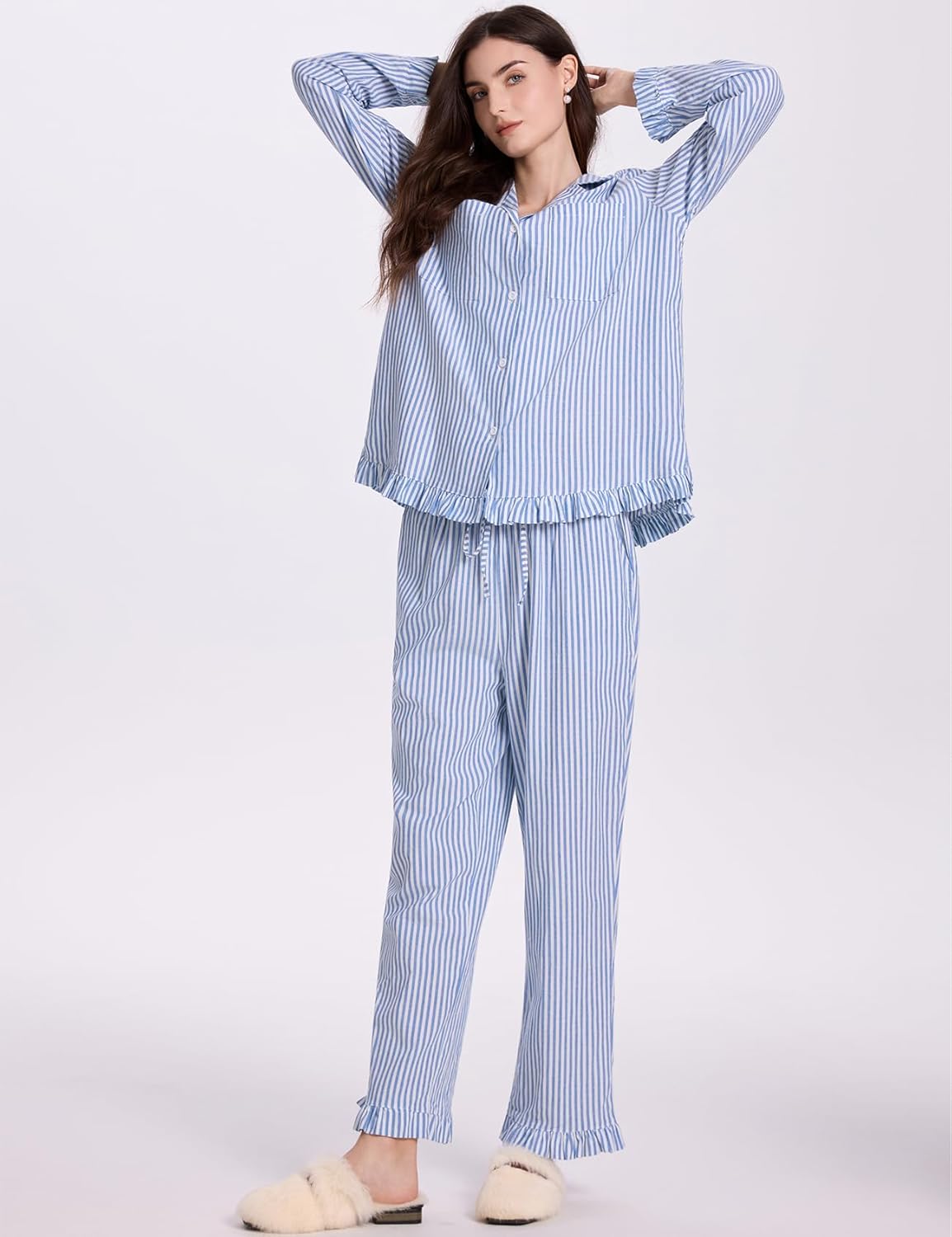 Womens Cotton Pajama Sets Long Sleeve Button Down Striped 2 Piece Pjs Ruffle Sleepwear with Long Pants Lounge Set - Image 4