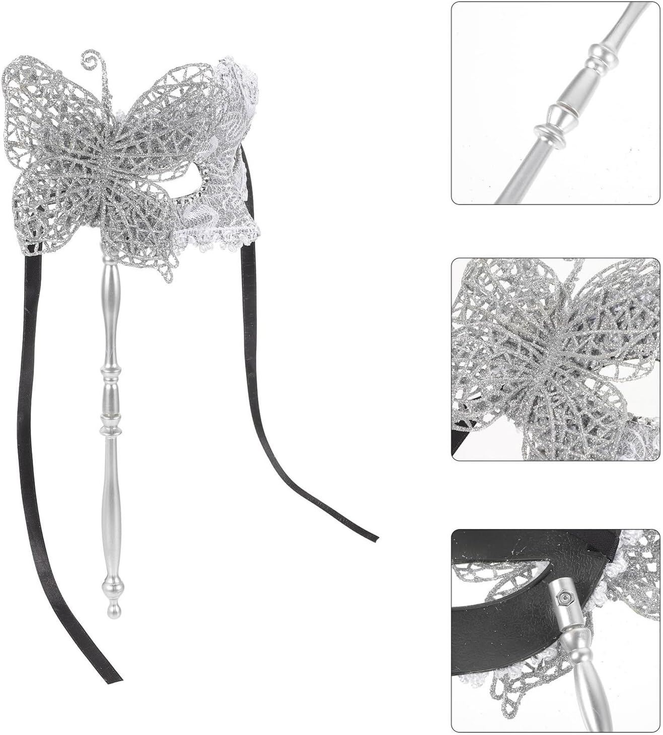 Venetian Stick for Women, Silver Handheld Mask for Prom and Costume Party, Elegant and Practical Mardi Gras Accessory