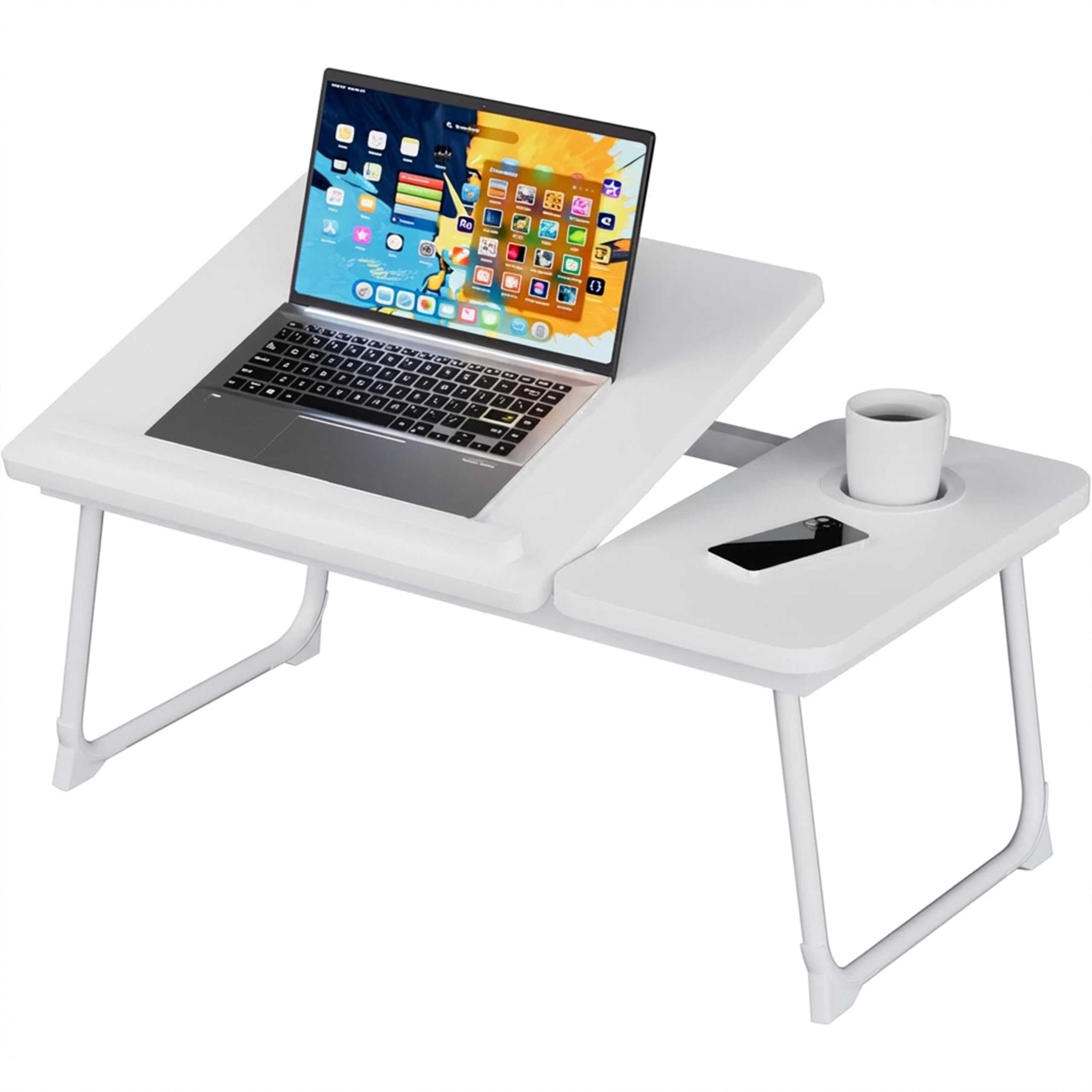 Laptop Bed Table, Laptop Bed Desk with Foldable Legs & Cup Slot, Adjustable Trays, Book Holder Notebook Stand Tray for Bed,Sofa,White