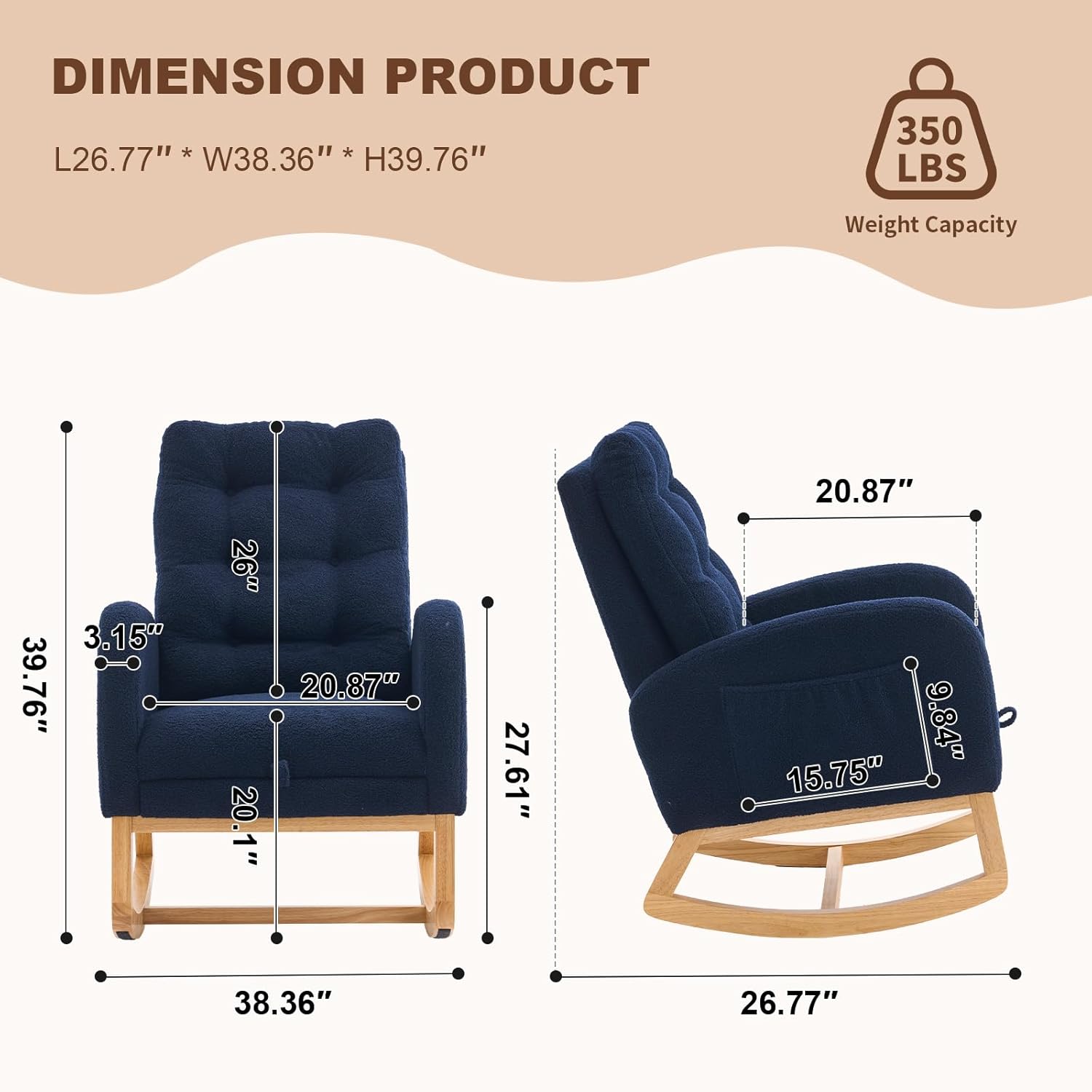 Nursery Rocking Chair,Rubber Wood Base Glider Rocking Chair with Adjustable Footrest and Side Pocket,Teddy Fleece Glider Rocker for Living Room, Bedroom (Teddy Fleece, Navy Blue)