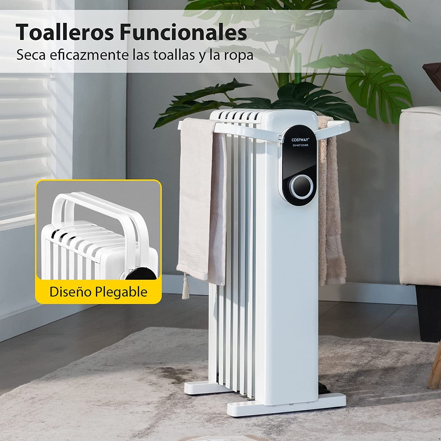 COSTWAY 1500W Radiador Eléctrico de Aceite, Calentador Eléctrico Bajo Consumo, 3 Ajustes de Calor hasta 35°, Estante Plegable para Colgar, Calentador de Bajo Ruido de Interior (Blanco)