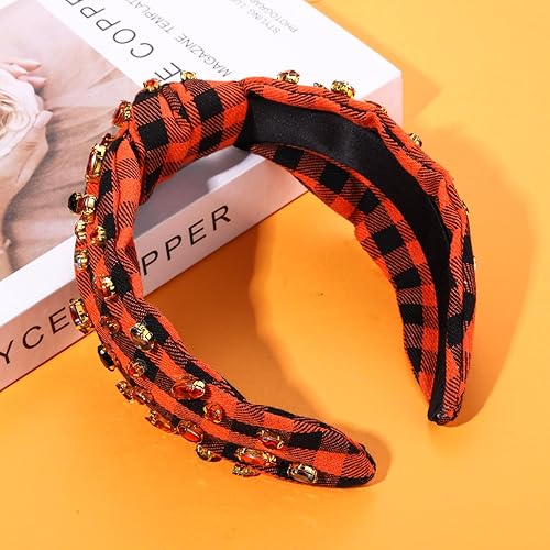 Miniatura 6 de Diadema de Halloween para mujer, diadema anudada de cristal con diamantes de imitación, adornada naranja y negro, diadema con nudo superior a