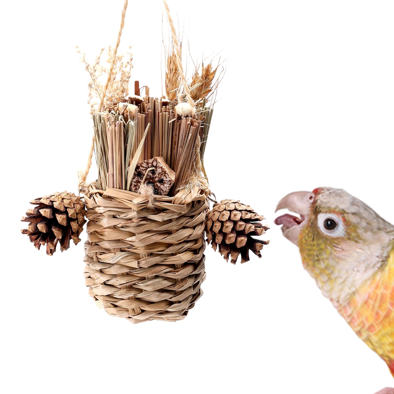 Natural Bird Chew Toys Shreddable Toys Made of Seagrass, Timothy Grass & Corn Leaves with Wood Hook for Cockatiels, Parakeets, Small Medium Birds (Pinecone Woven Basket)