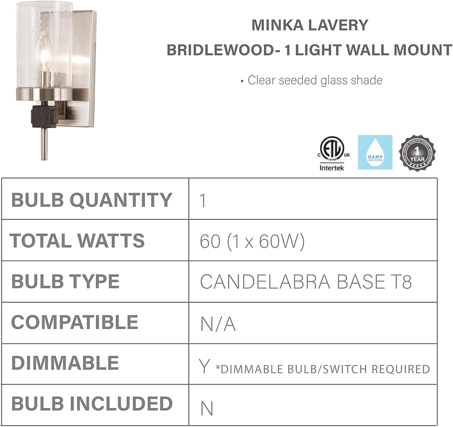 Minka Lavery 4631-106 Bridlewood Vanity Bath Light, 1-Light, 60 Total Watts, 4.5-in H x 11.25-in W, Stone Grey w/Brushed Nickel