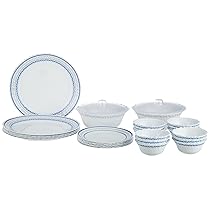 Larah by Borosil Fluted Jazzblue Dinner Set 28 Pieces, Opal Glass Dinner Plates & Bowls Crockery Set